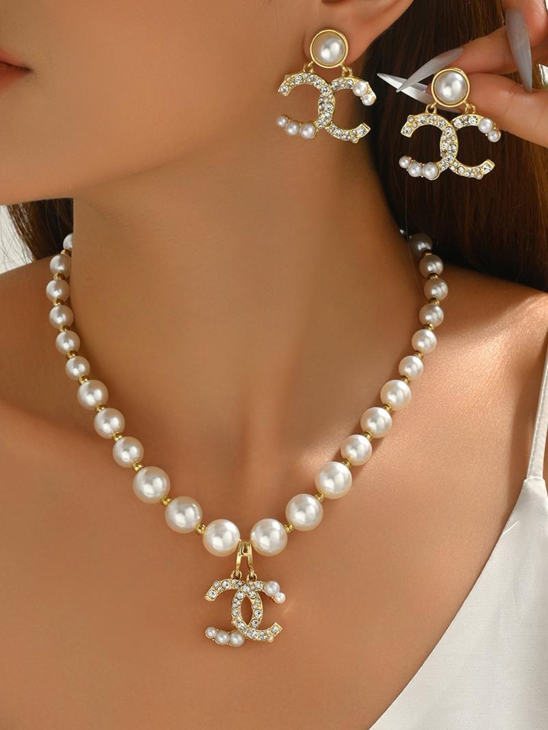 Women's Necklace Set, Geometric C-Shape Diamond Design Earrings Long Pearl Chain, Elegant Jewelry Gift for Her, Matching Jewelry Set