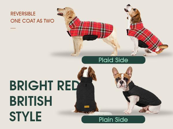Kuoser Warm Dog Coat, Reversible Dog Jacket Waterproof Dog Winter Coat British Style Plaid Dog Clothes Pet Dog Cold Weather Coats Cozy Snow Jacket Vest for Small Medium Large Dogs