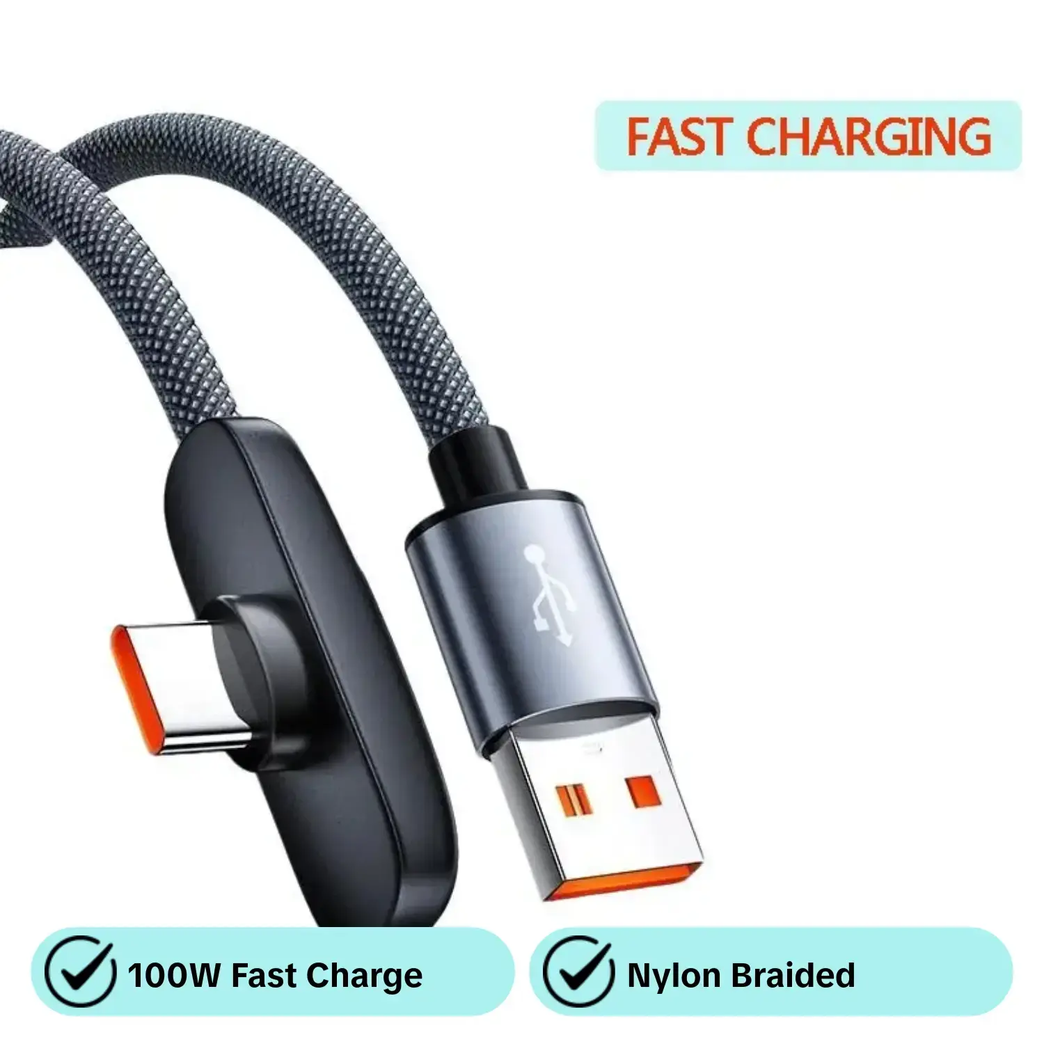 100W 90-Degree Right-Angle USB-C Data Cable, Fast Charging Cord, 78.74 Inches, Nylon Braided, USB to USB-C, Compatible with CarPlay, iPhone 15, Samsung Galaxy S24/S23, MacBook, iPad Pro
