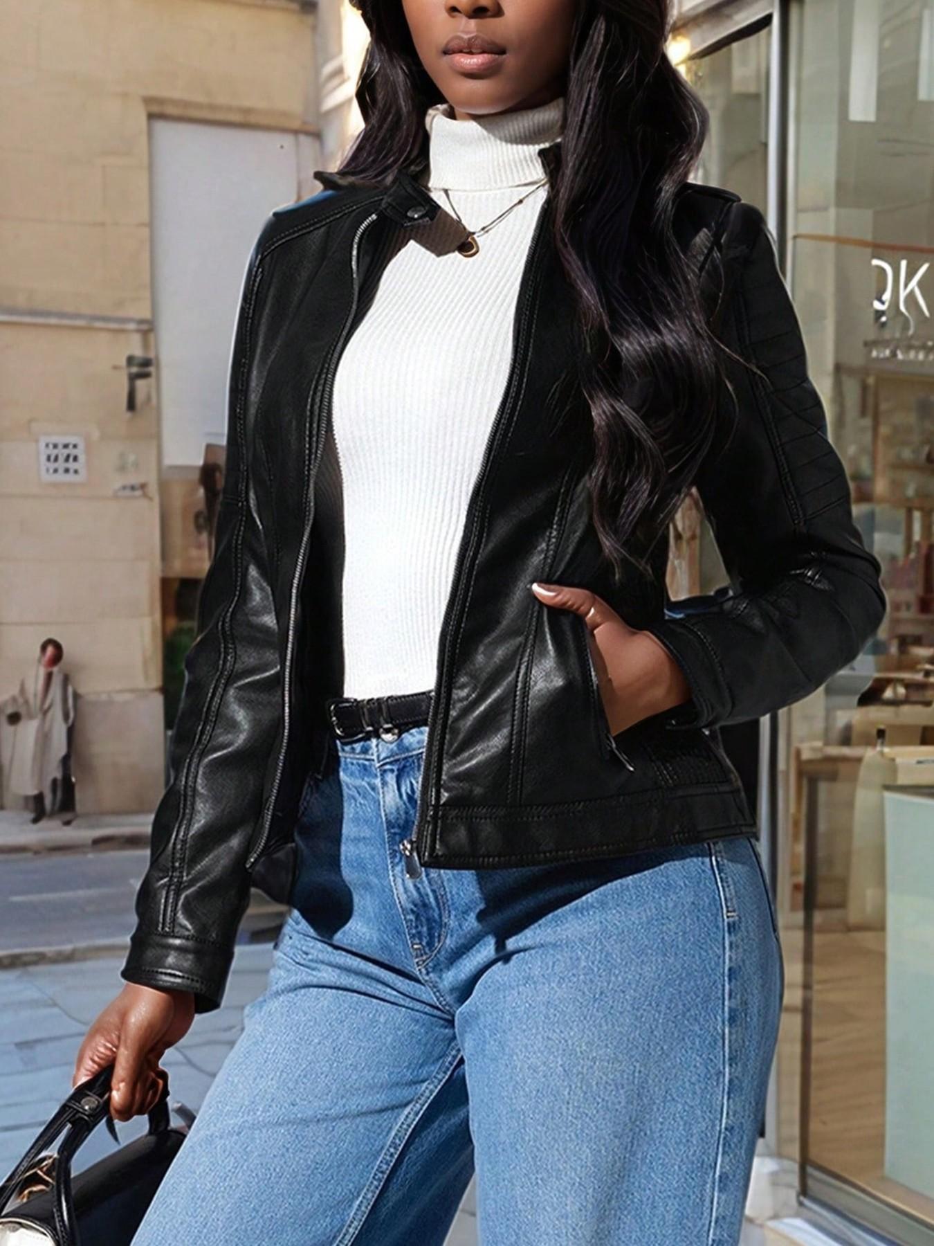 Giolshon Women's Vintage PU Jacket for All Seasons, Casual Fitted Outdoor Commute & Date Wear, Stylish Plaid & Plain Designs