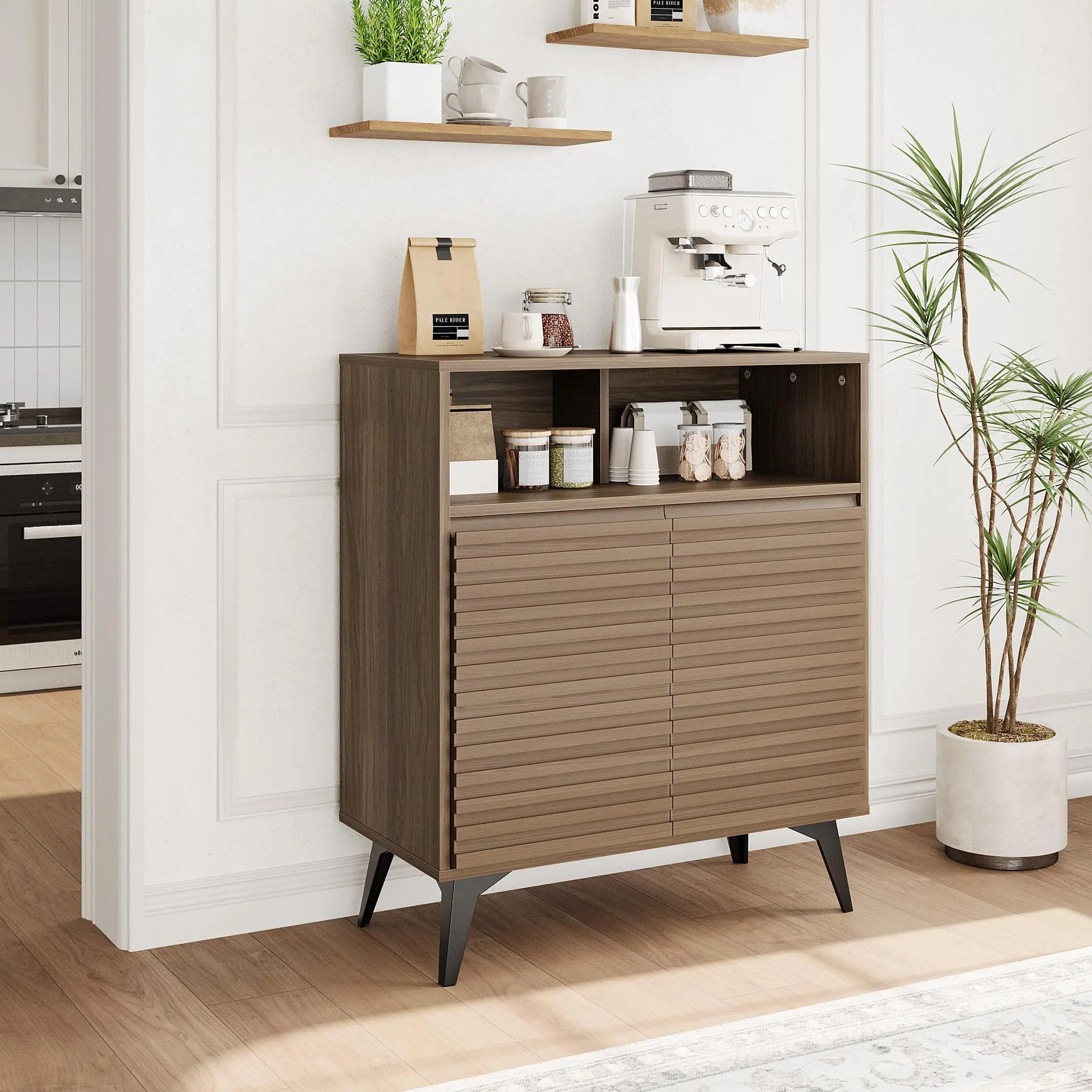 Fluted Storage Cabinet with Metal Legs, Mid Century Modern Sideboard, Buffet Credenza with Storage for Living Room, Hallway, Entryway(Walnut)