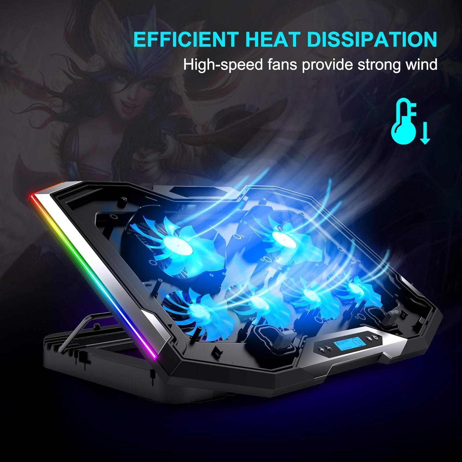 C11 Laptop Cooling Pad RGB Gaming Notebook Cooler, Laptop Fan Stand Adjustable Height with 6 Quiet Fans and Phone Holder, Chill Mat, for 15.6-17.3 Inch Laptops - Blue LED Light C11 Laptop Cooling Pad RGB Gaming Notebook Cooler, Laptop Fan Stand Adjustable Height with 6 Quiet Fans and Phone Holder, Chill Mat, for 15.6-17.3 Inch Laptops - Blue LED Light