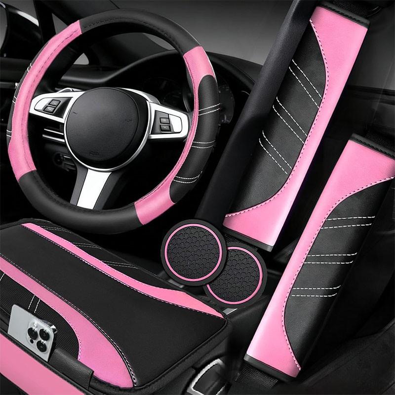 6Counts Car Interior Accessories Set: Sporty PU Leather Steering Wheel Cover (14.5-15 inch Universal), Microfiber PU Leather Car Console Cover, Seatbelt Pads, Cup Holder Pads. Suitable for Men and Women, All Seasons.