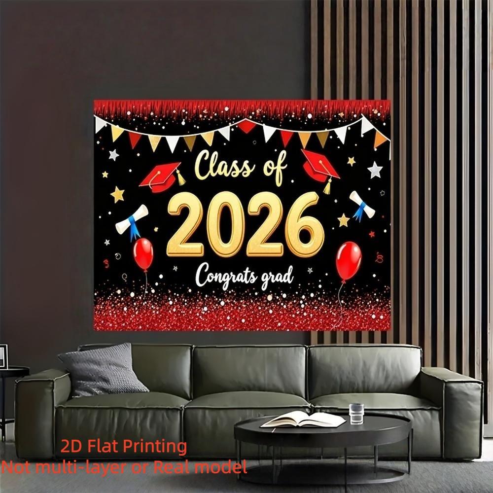 2D Flat Banner 2026 Graduation Backdrop, Red and Golden Glitter "Class of 2026" Design, Hanging Cloth for Graduation Photos & Indoor Wall Decoration