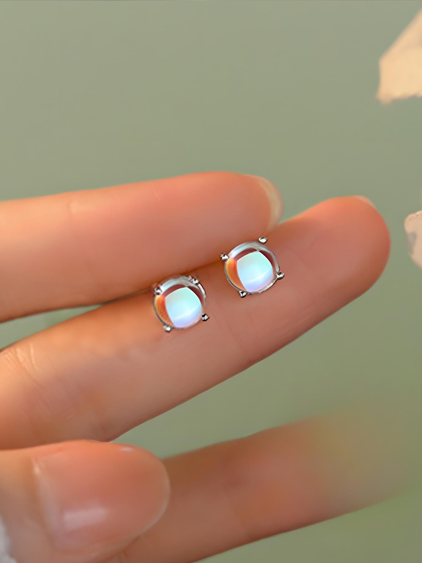 Elegant Women's 925 Silver Moonstone Earrings, Hypoallergenic Fashion Square Stud Earrings, Simple Style Jewelry for Daily Wear & Gifting