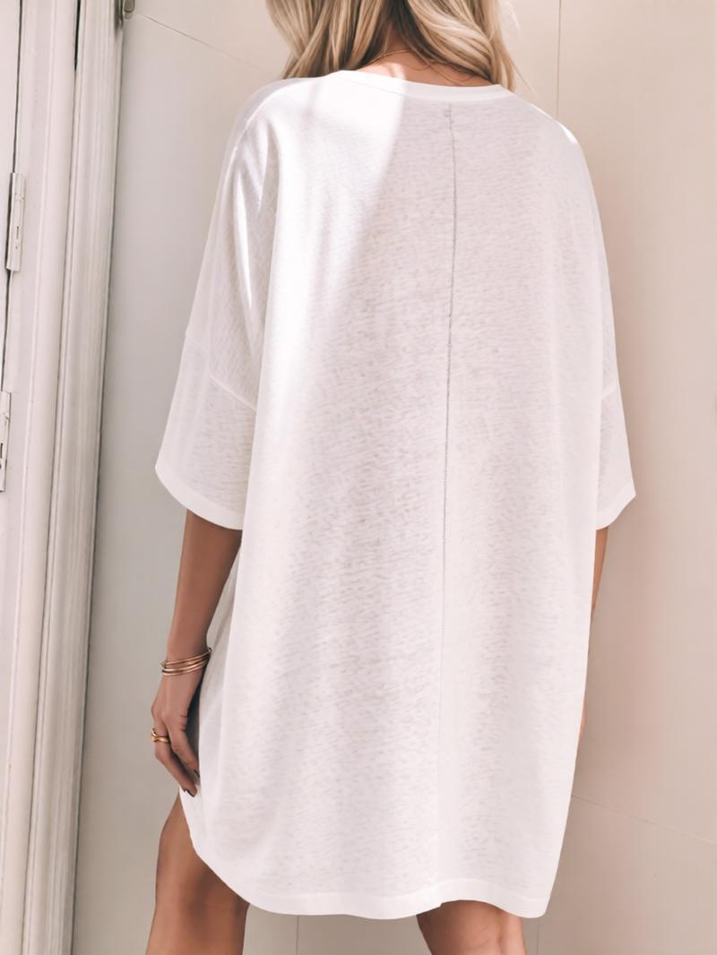 Loose Fit Sleepwear Dress, Thin Half-Transparent Short Sleeve Home Wear, Soft Lightweight Casual Style, Side Slit Design for All Seasons