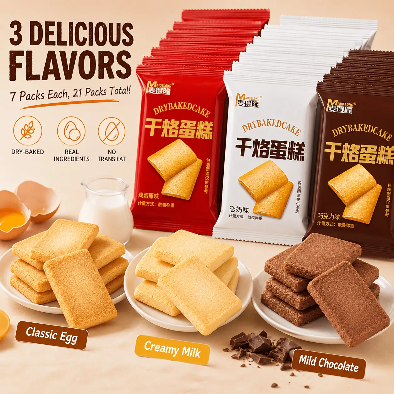 A total of 21 individually sealed small packages, three flavors of crispy dry cakes and biscuits, individually packaged as crunchy snacks, egg original flavor / cream flavor / chocolate dry pastries, no trans fat