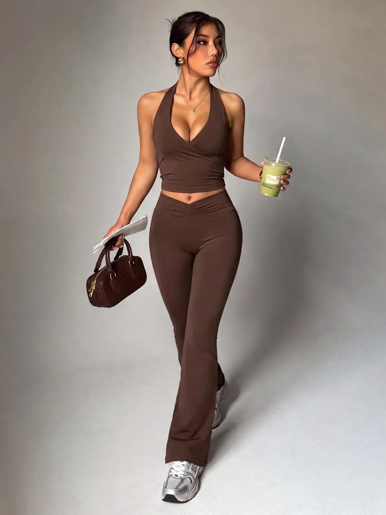 Women's Sport Casual 2-Piece Set, Sexy Backless Halter Deep V-Neck Crisscross Cropped Cami Tops and High Waist Tummy Control Butt-Lifting Solid Flare Yoga Pants, for Yoga, Training, Gym and Daily Wear
