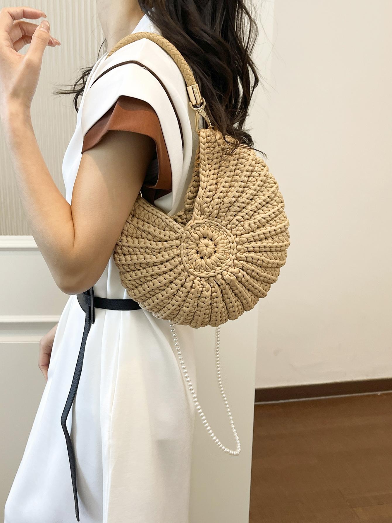 Seashell Pearl Chain Crossbody Bag, Beach Vacation Shoulder Bag, Handmade Crochet Boho Style, Summer Women's Backpack