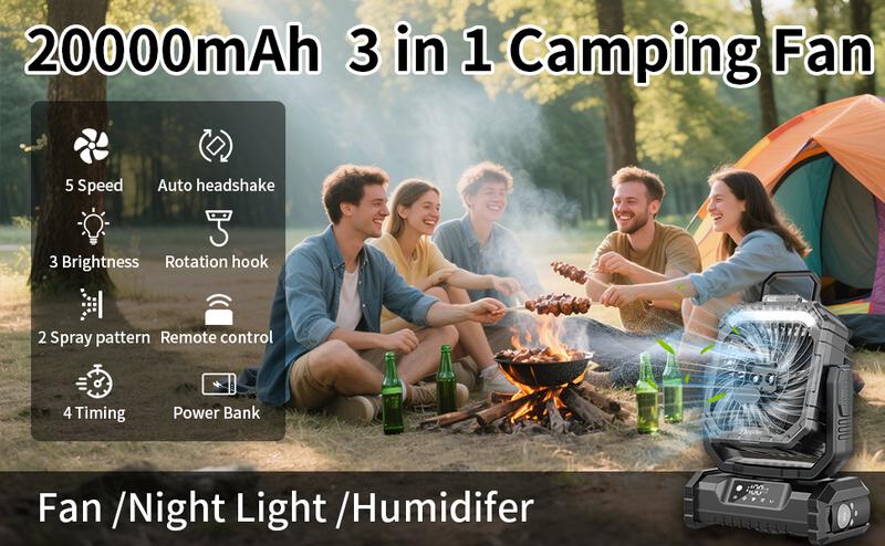 20000mAh Rechargeable Camping Fan with LED Light, Portable Multi-Function Fan with Spray Humidification, Shaking Head Emergency Camping Fan, Wireless Rotation, Battery Powered, Lightweight and Portable-Black