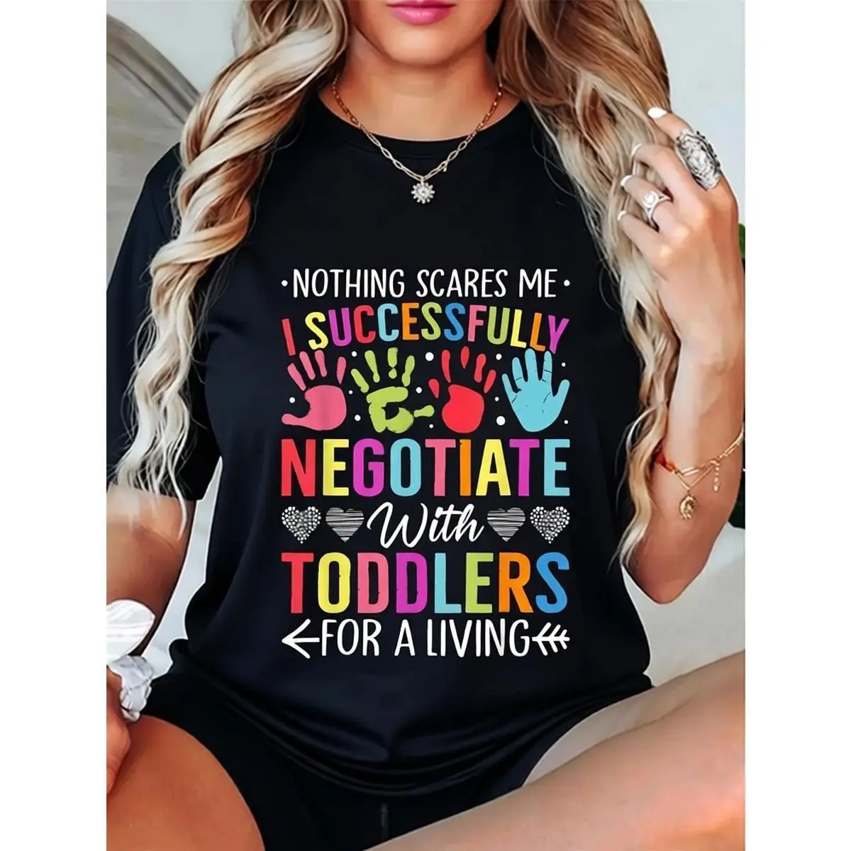 Men's Casual Crew Neck Tee with "I Negotiate with Toddlers" - Comfy Classic Fit with Short Sleeves for Teachers, Toddler Quote, Graphic Print, Funny