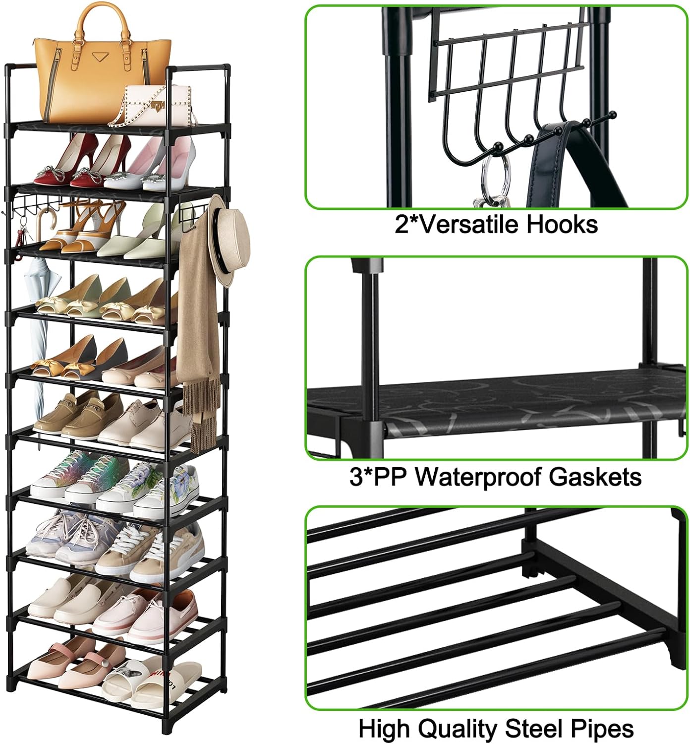 MOMOK 10-Tiers Shoe Rack Tall Large Capacity 20-24 Pairs Wide Shoe Organizer Sturdy Shoe Shelf for Entryway with Two Hooks Metal Shoe Storage for Closet, Bedroom, Black MOMOK 10-Tiers Shoe Rack Tall Large Capacity 20-24 Pairs Wide Shoe Organizer Sturdy Shoe Shelf for Entryway with Two Hooks Metal Shoe Storage for Closet, Bedroom, Black