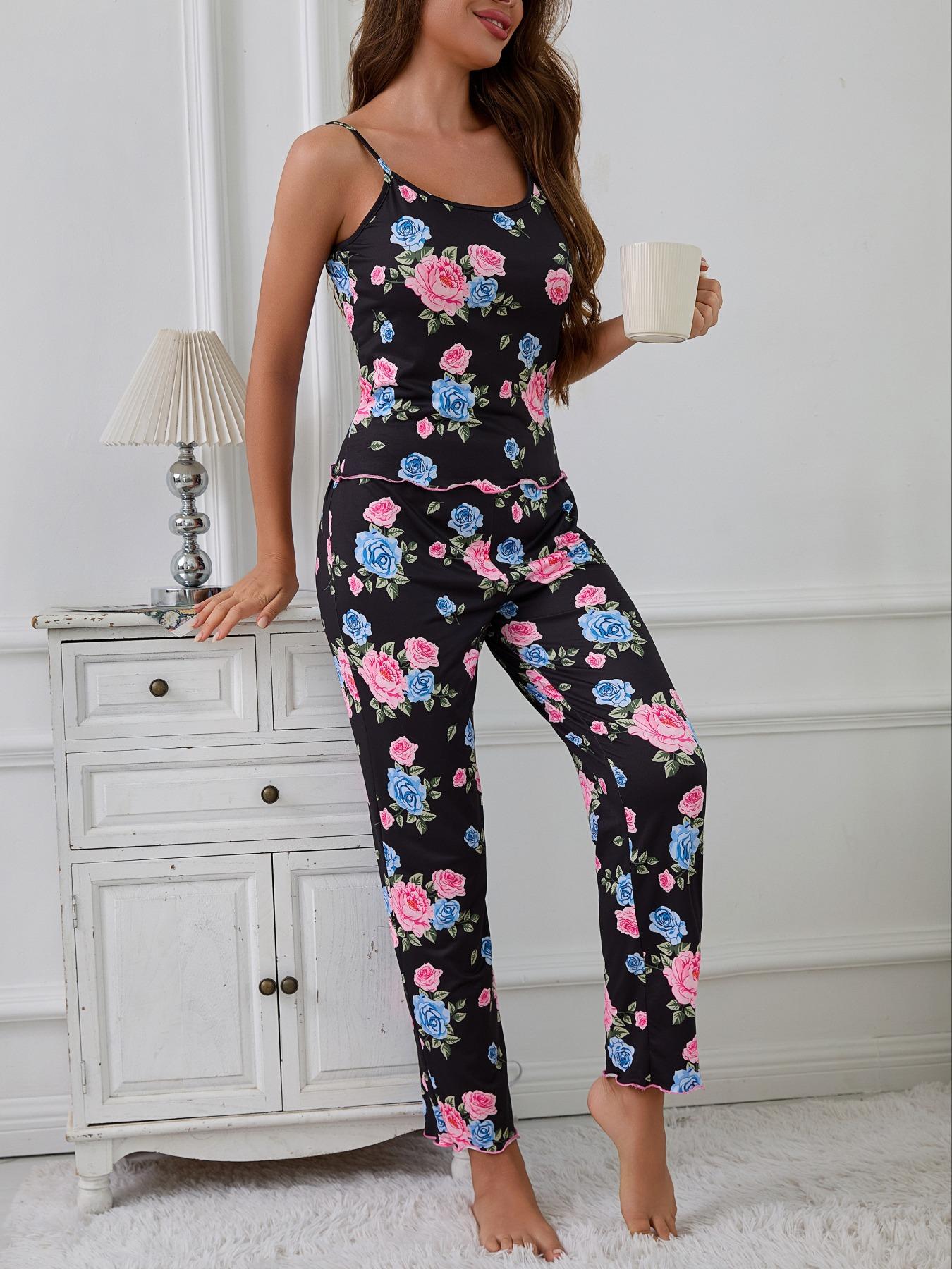 Floral Print Women's Robe Set + Strap Pants Three-Piece Comfortable Pajama Sleepwear Suit, Casual Home Wear for All Seasons