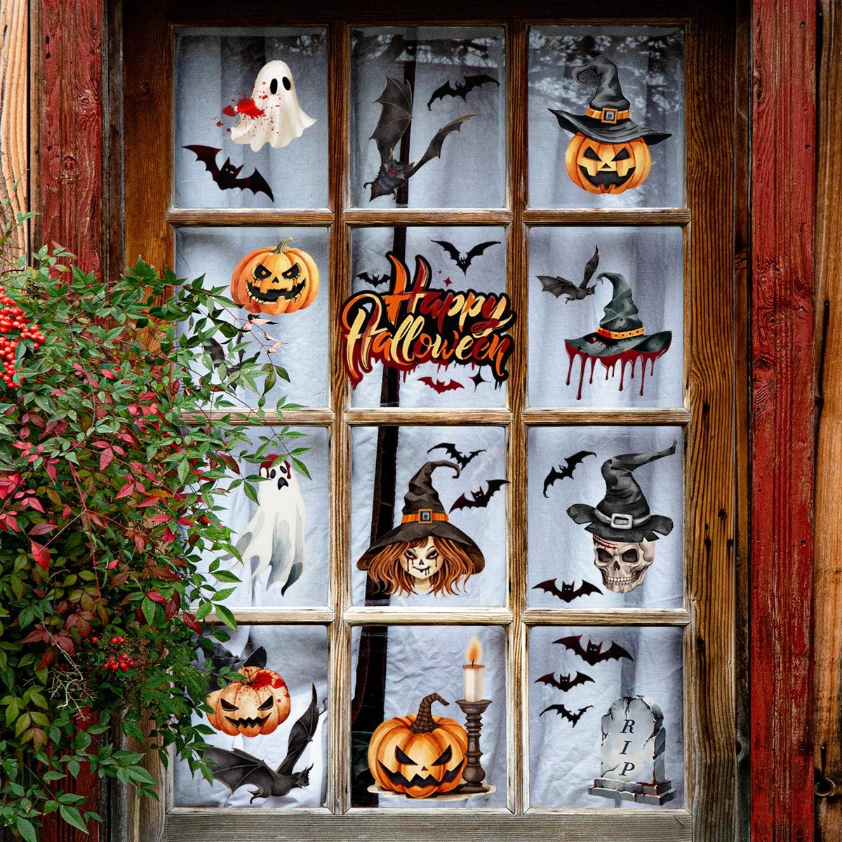 A set of 6 pieces (20*30cm*6pcs) electrostatic adsorption hand-painted Halloween pumpkin, skull and witch decorative stickers for beautifying living rooms, bedrooms and windows DJ6084-ZY
