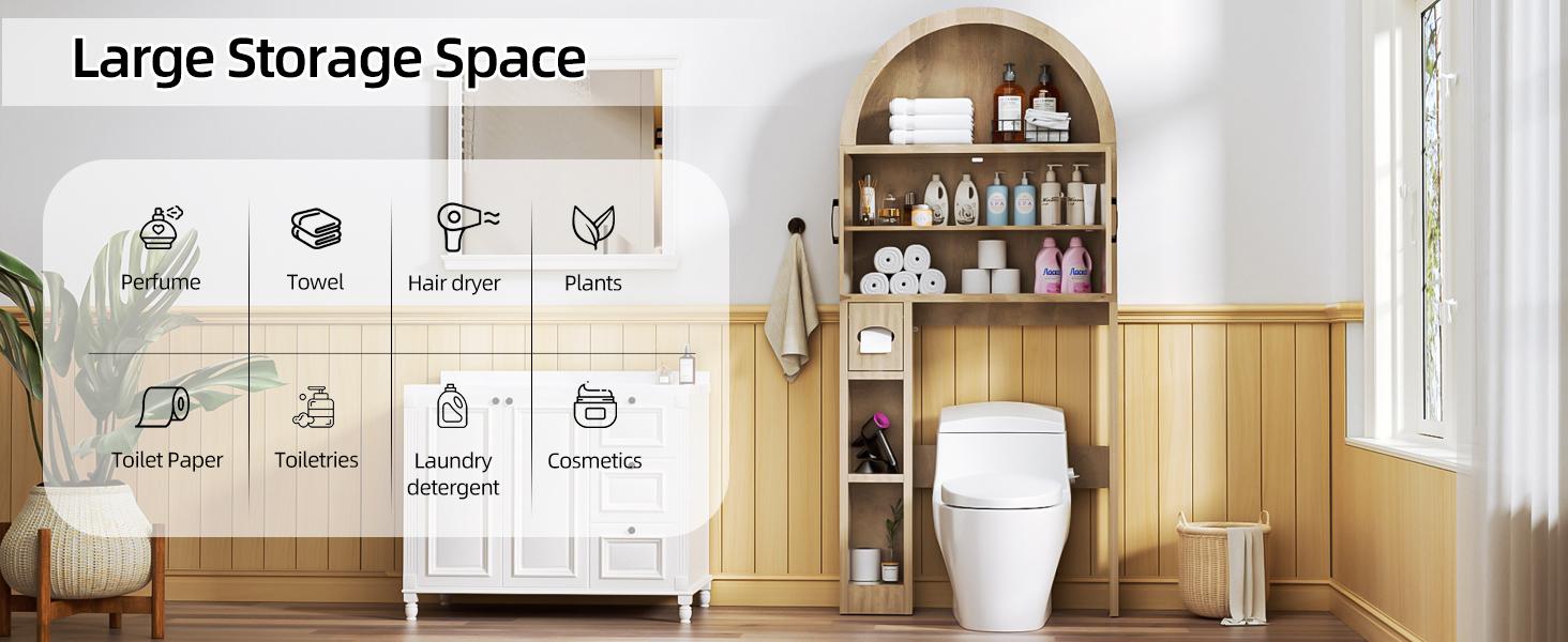 Over The Toilet Storage Cabinet, Freestanding Bathroom Organizer with Adjustable Shelf and Anti-Tip Device, Arched Cabinet with Doors, Space-Saving Toilet Storage for Bathroom, Laundry, Mini Bar Modern Organization Design