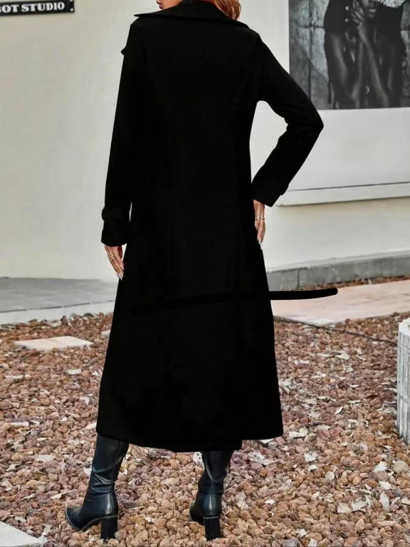 Women's Fitted Solid Color Lapel Long Sleeve Casual Chic Fashion Woolen Coat, Fall Winter Long Line Double Buttoned Overcoat, Ladies Outerwear