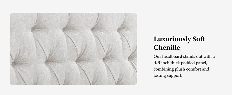 Queen King Size Chenille Upholstered Bed Frame, Sleigh Platform Bed Frames with 51" Tall Wingback Headboard & 27" Scroll Footboard, Button Tufted/No Box Spring Required/Wood Slats Support/Cream