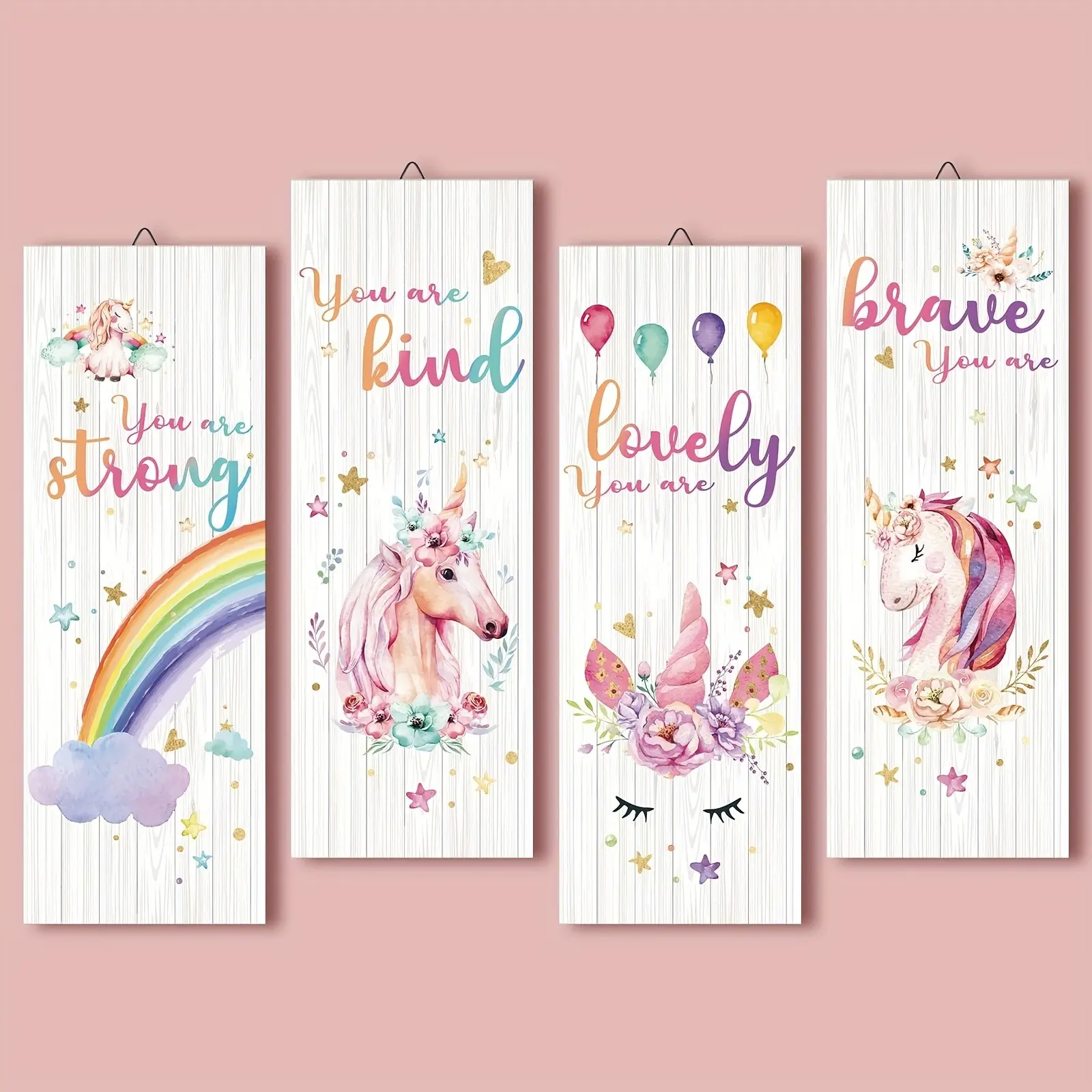 Wooden Unicorn Rainbow Wall Decor Set - 4-Piece Inspirational Quotes Wall Art for Bedroom, Living Room, and Playroom - Peel and Stick Easy Install Daughter Girls Decor