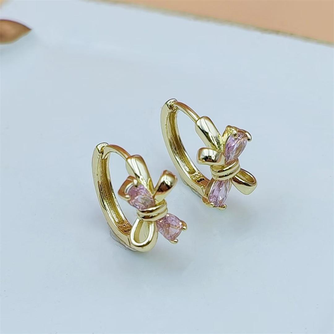 14K Gold Plated Copper Bow Stud Earrings With Zircon Elegant Versatile Jewelry For Women Daily Wear
