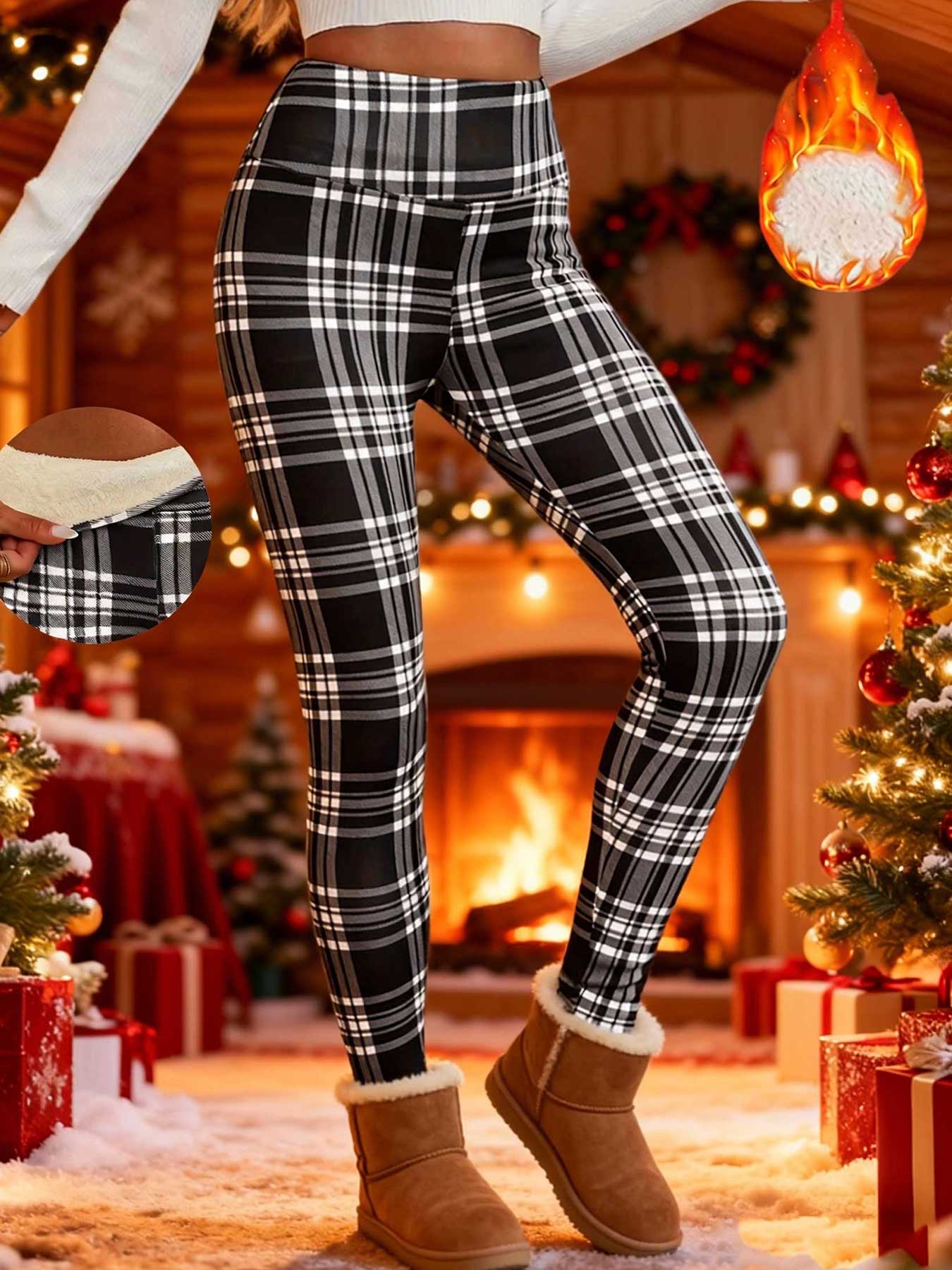 Women's Winter High Waist Plaid Fleece Lined Pants, Elastic Warm Lamb Velvet Nine-Point Leggings, Casual Fashion S-Xxl