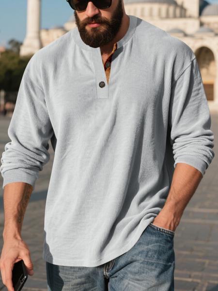 Men's Corduroy Long Sleeve Henley Shirt, Vintage Casual Loose Fit Top, Soft Comfortable Fabric for Spring & Fall Fashion