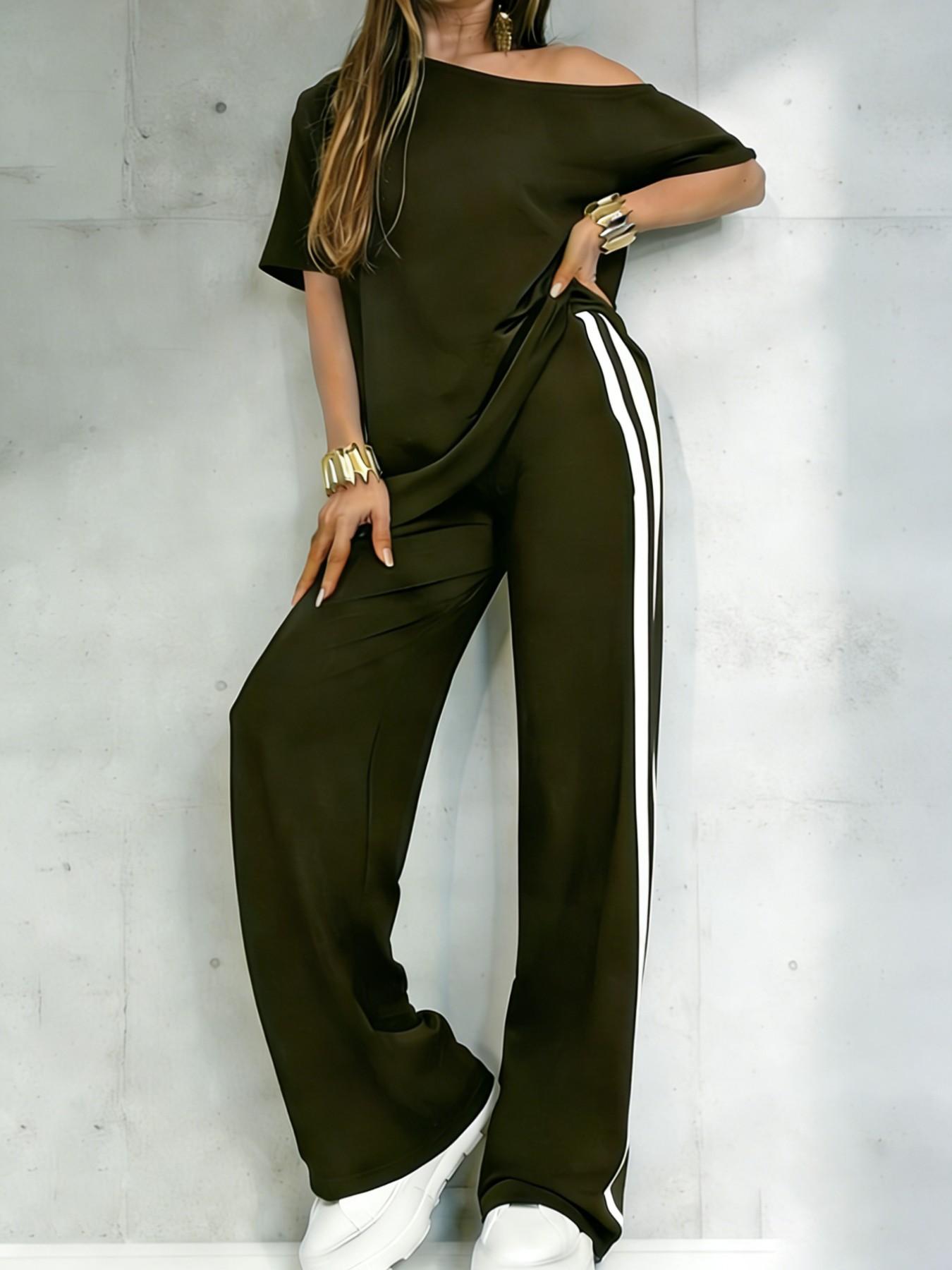 Women's Casual Sportswear Set, One-Shoulder Short Sleeve Top and Striped Long Pants, Spring Summer Two-Piece, Versatile Fashion