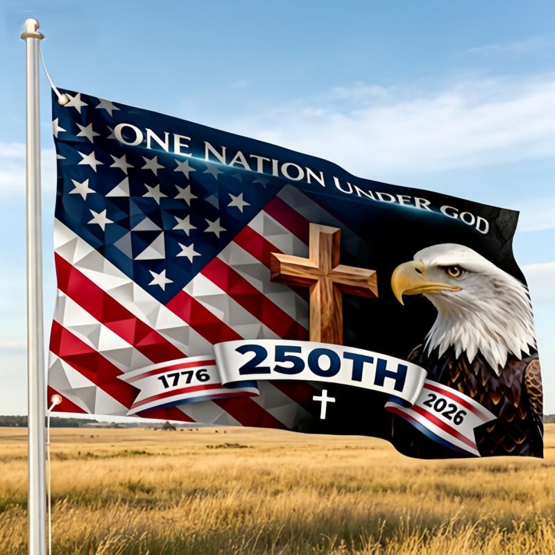 3x5 ft "One Nation Under God" 250th Anniversary American Flag, Cross and Eagle Patriot Flag, fade-resistant, 1776-2026 American Courtyard of Faith Flag