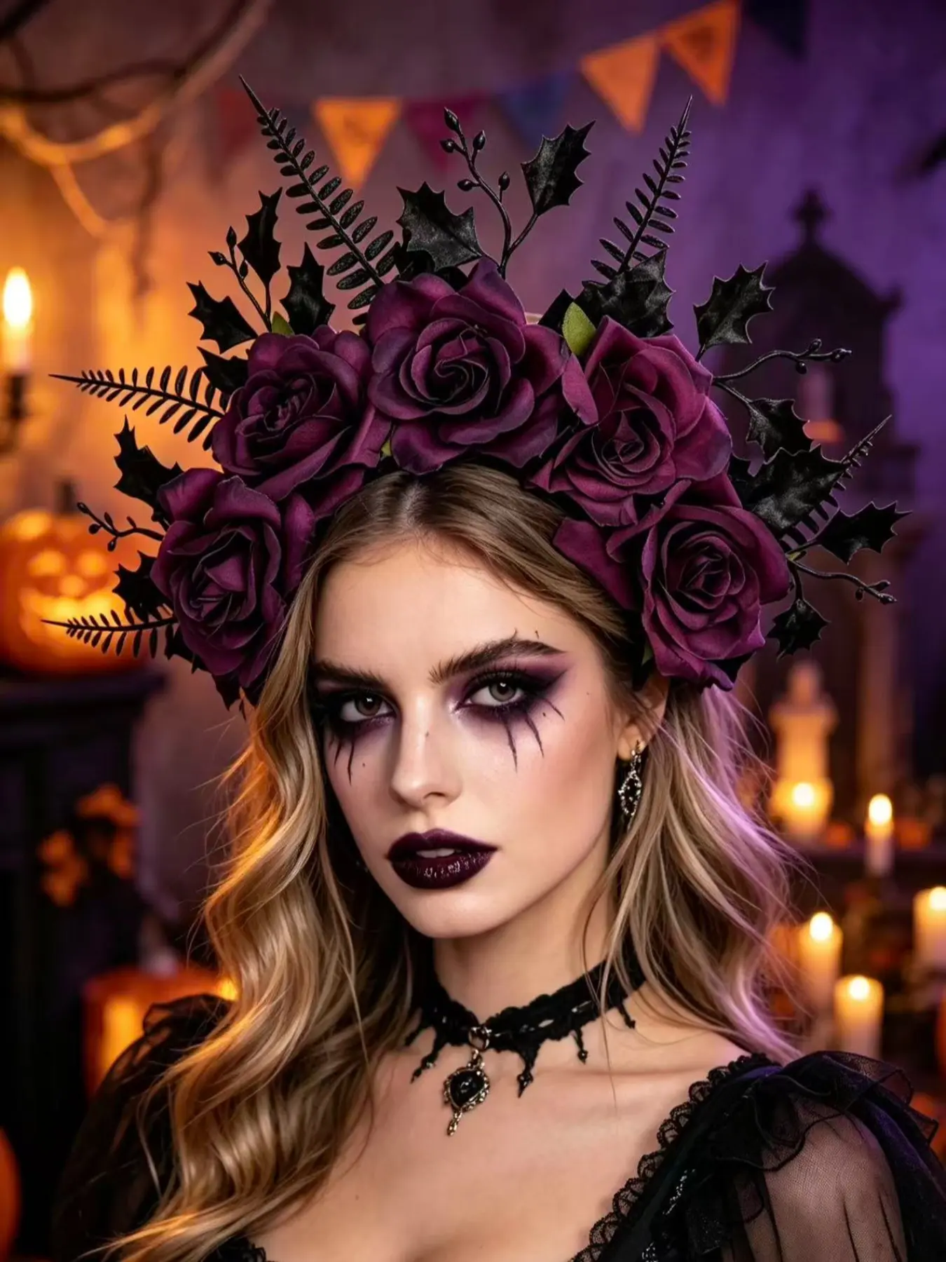 Gothic Dark Purple Rose Flower Crown Headband, Artificial Floral Headpiece with Black Holly & Fern Leaves, Spooky Witch Hair Accessories for Women, Halloween Ready, Halloween Costume Headwear, Ideal for Cosplay, Costume Party, Photoshoot & Holiday Gift