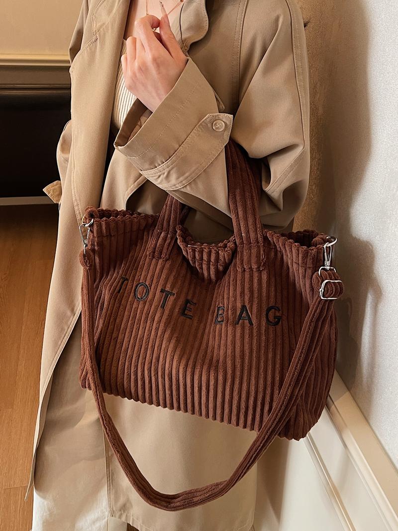 Large Capacity Corduroy Letter Design Handbag, Handbag Shoulder Purse, Casual Fashion Shoulder Bag, Work & Daily Use, Stylish Tote Bag for Fall & Winter