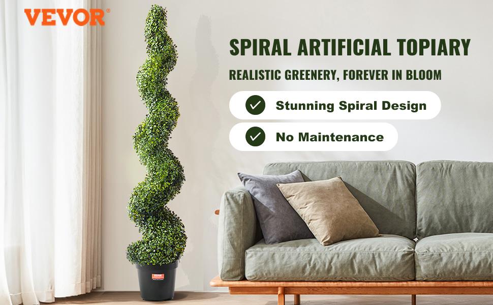 VEVOR Artificial Boxwood Topiary Tree, 60 inch Tall (2 Pieces), Spiral Faux Topiary Trees, Faux Plant w/ Extra Leaves Pot Small Decoration, UV Rated Greenery Set for Home Decor Indoor/Outdoor