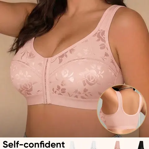 3-Pack Plus Size V-Neck Wireless Bralettes, Unpadded Breathable Bra Set, Full Coverage Floral‑Jacquard Bra with Medium Support, Casual Everyday Wear for All Seasons