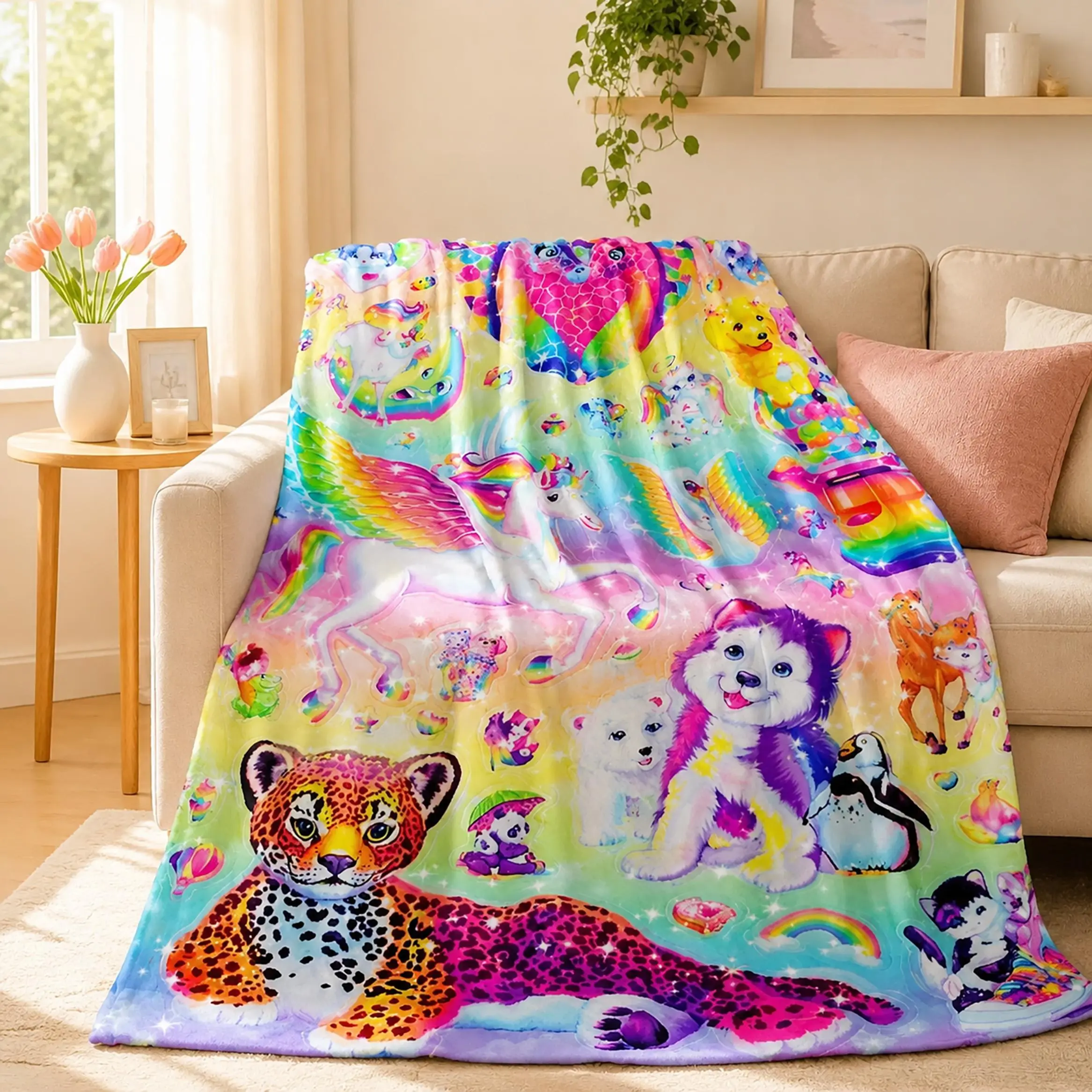 Lisa Frank Collage Character Blanket Vibrant Fannel Throw with Unicorns Winged Cats Tigers and Aliens in Neon Rainbow 90s Style for Bedrooms and Lounges Cover for Creative Breaks After School Rest and Nostalgic Decor Ultra Soft Cozy Gift
