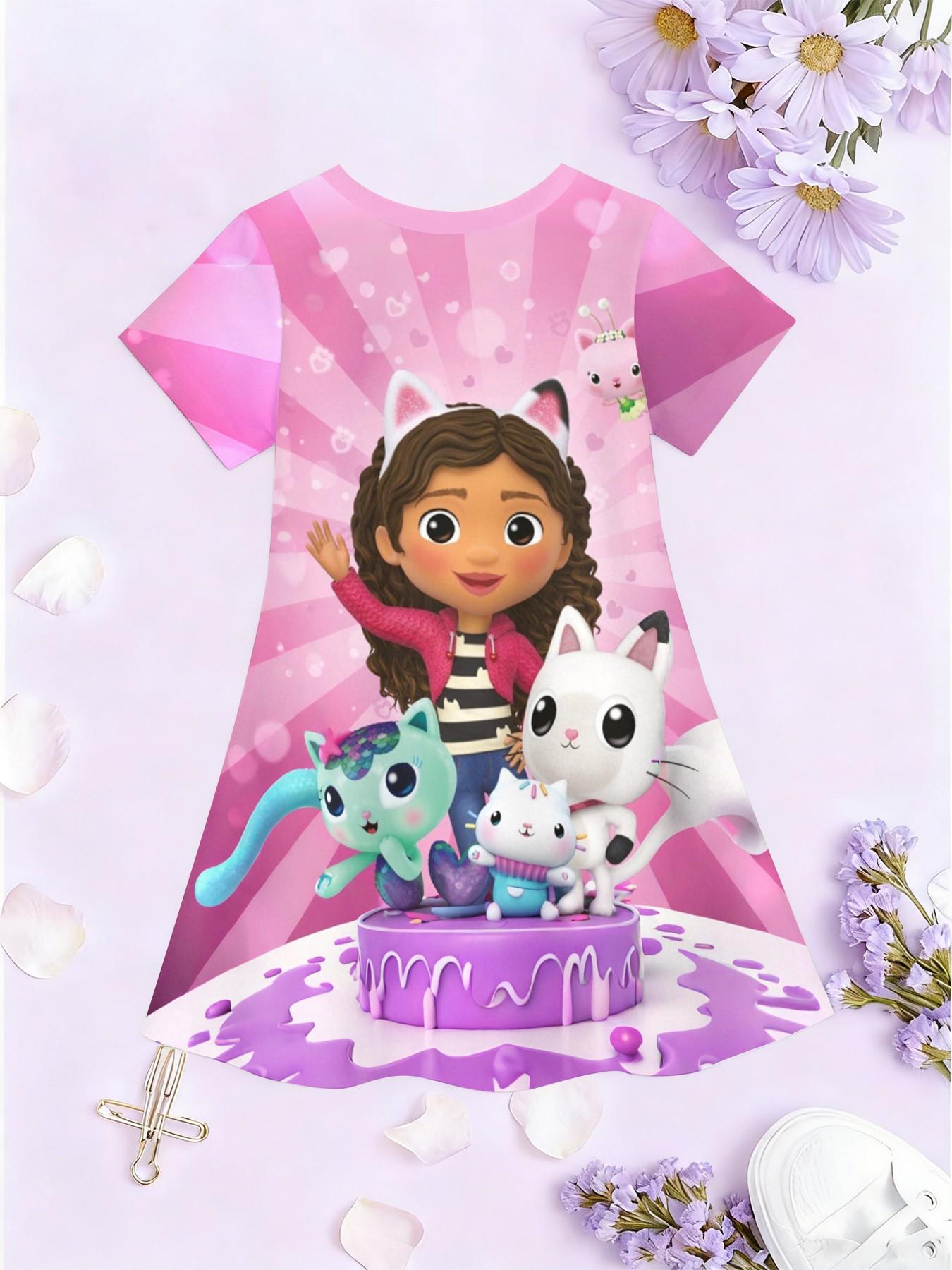 Girls' Gabby Doll Party A-Line Dress, Cartoon Sweetie Short Sleeve Dress, Fashion Outdoor Wear, Birthday Gift, Holiday Gift