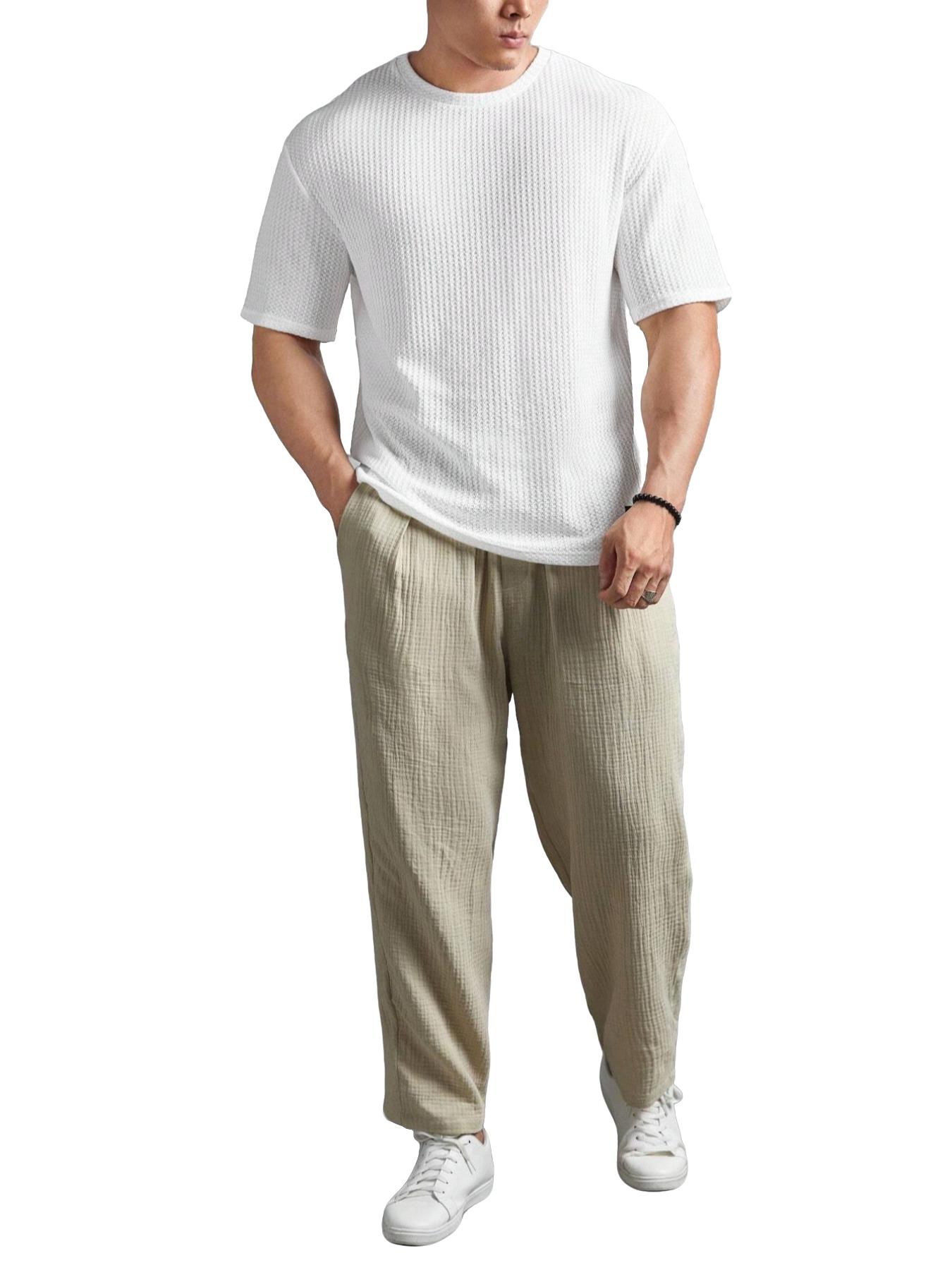 ZAFUL Men's Oversized Fit Waffled White T Shirt men' color textured t shirt crew neck short sleeve Loose