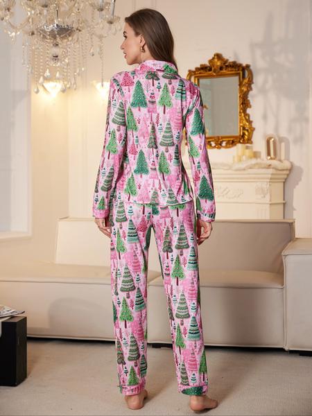Women's Christmas Tree Print Pajama Set, Casual Fitted Long Sleeve Top & Comfortable Pants, All-Over Cartoon Pattern Sleepwear, Casual Comfy, Sleepwear Loungewear
