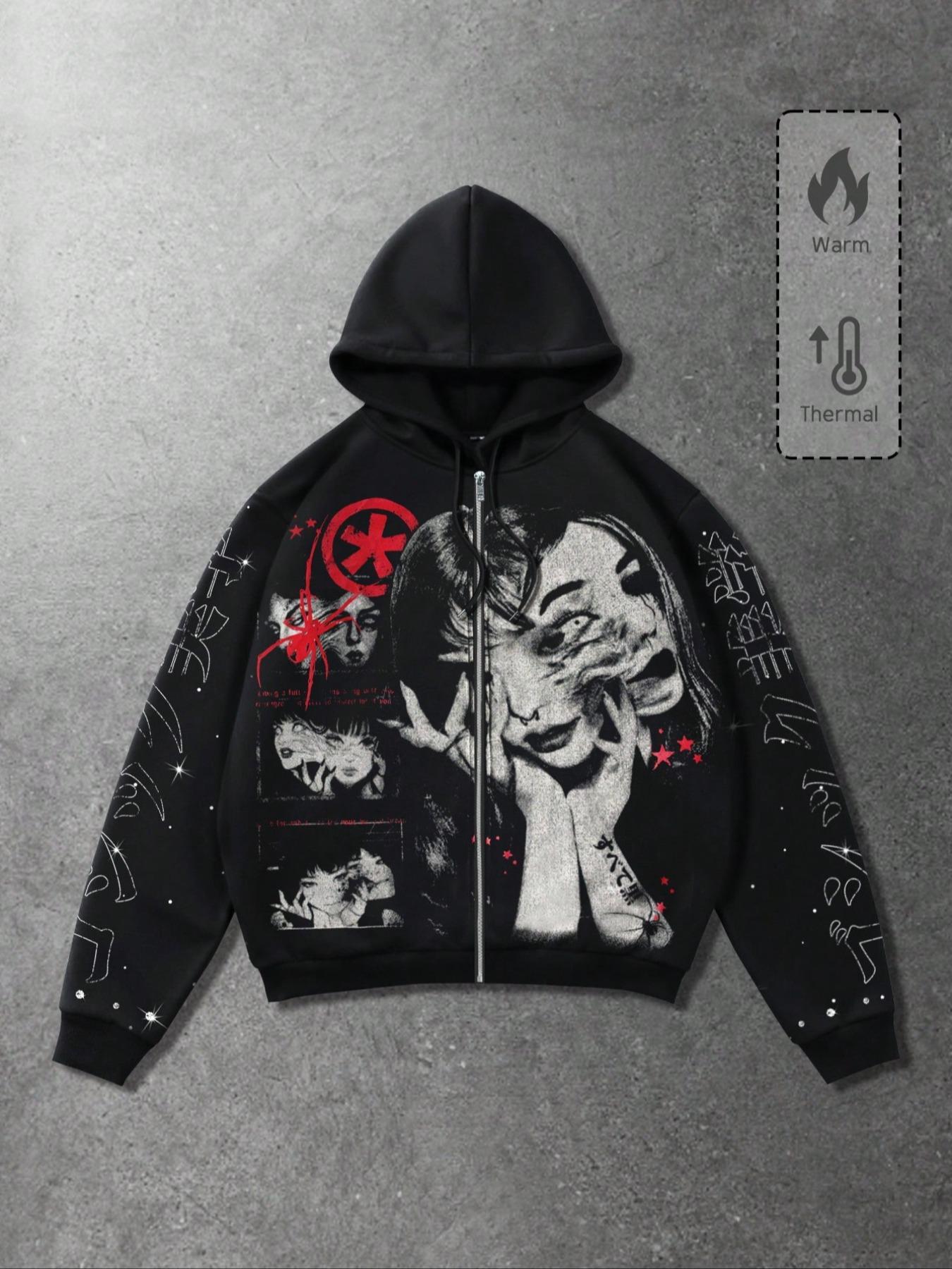 Men's Street Life Men's Eye Minimalist Graphic Printed Long Sleeve Zip Up Hooded Sweatshirt, Fall Winter