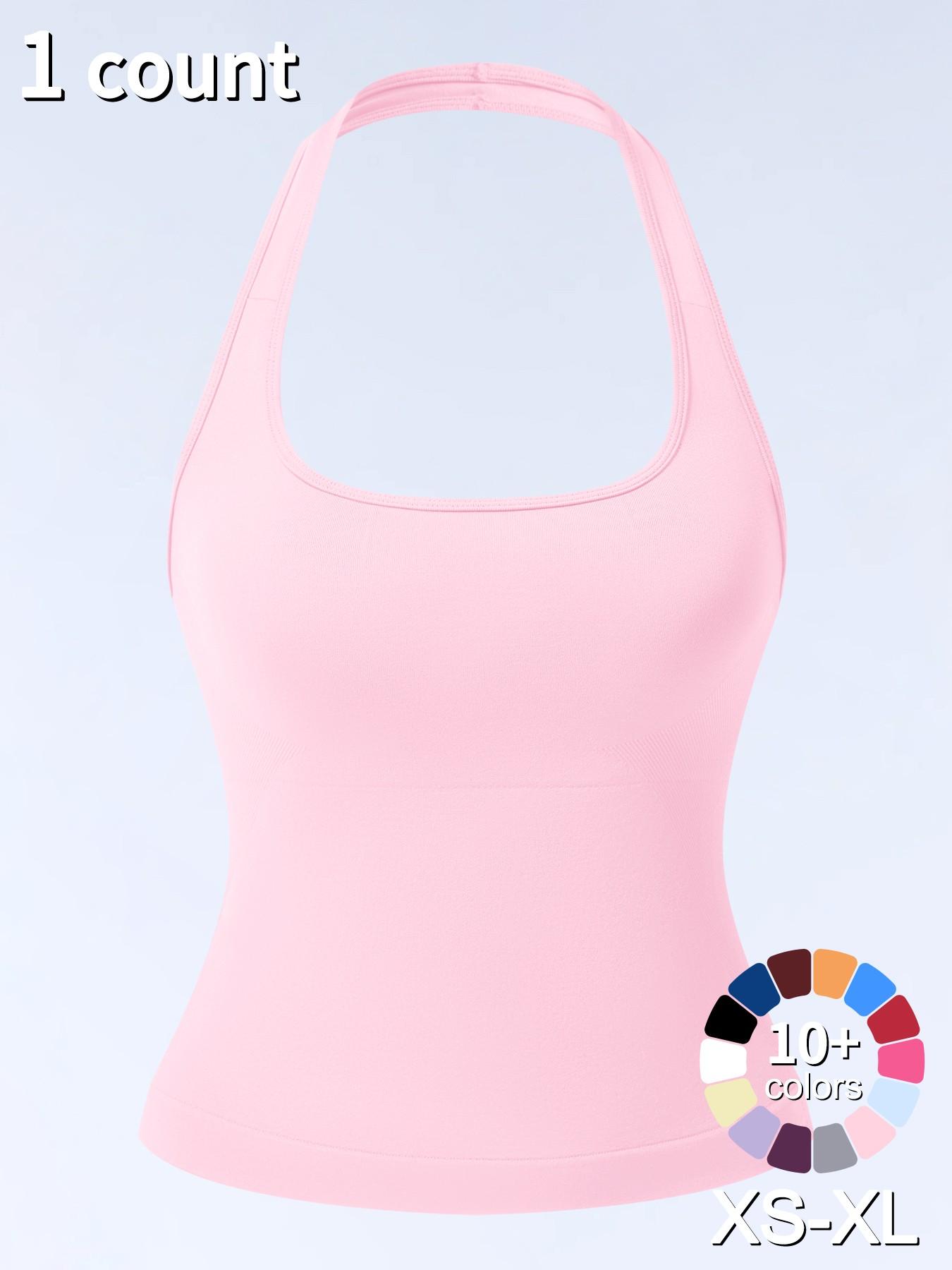 1/2/3/4 Pcs Women's Sleeveless Yoga Halter Neck Tank Top with Removable Pads, Three-Layer Seamless Backless Tank Tops Casual Solid Color Soft All Seasons Wear