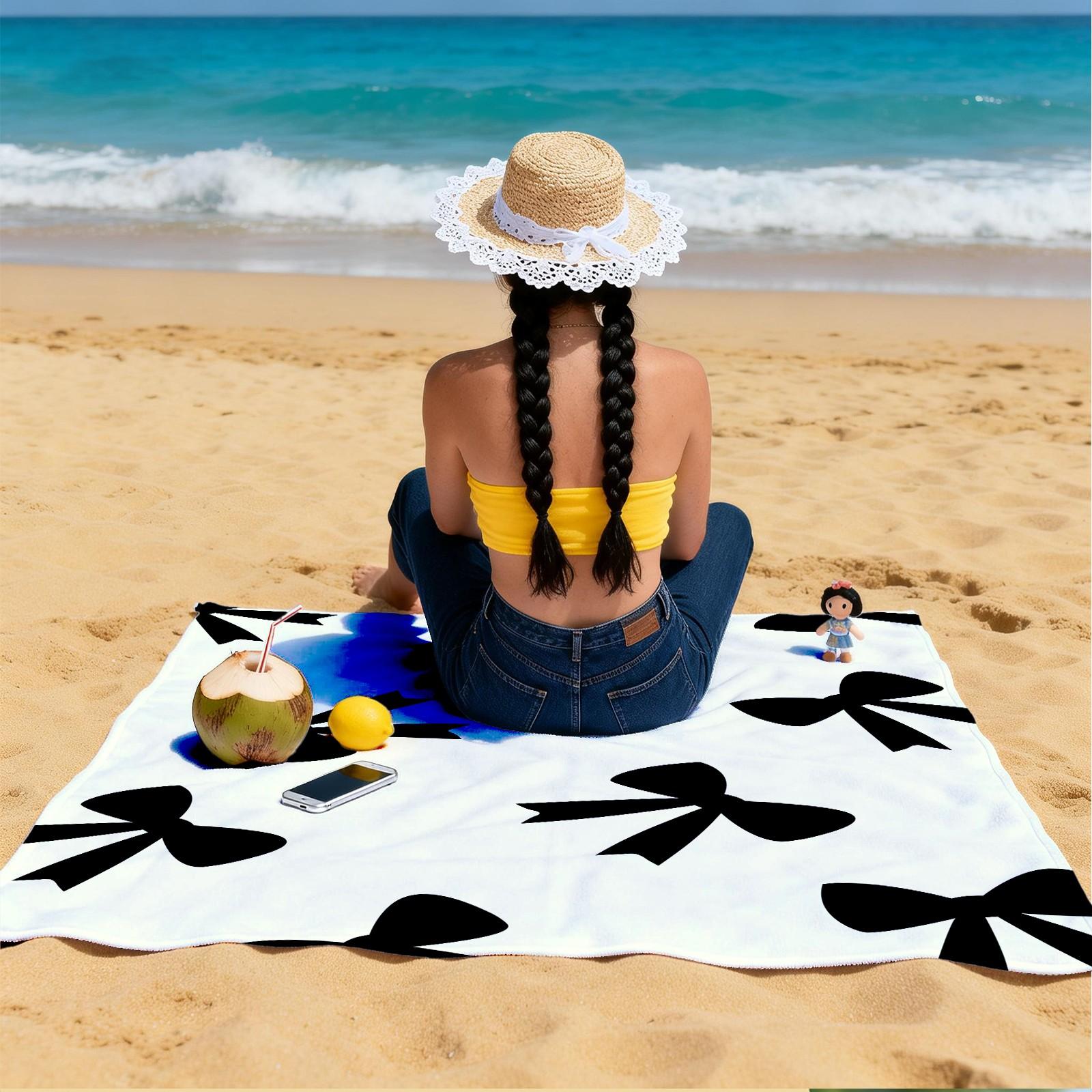 Ballet Core Bow Beach Towel, Cute Soft Skin-friendly Quick Dry, Available in Black White Blue Pink, Ideal for Girls Seaside Vacation Photoshoot