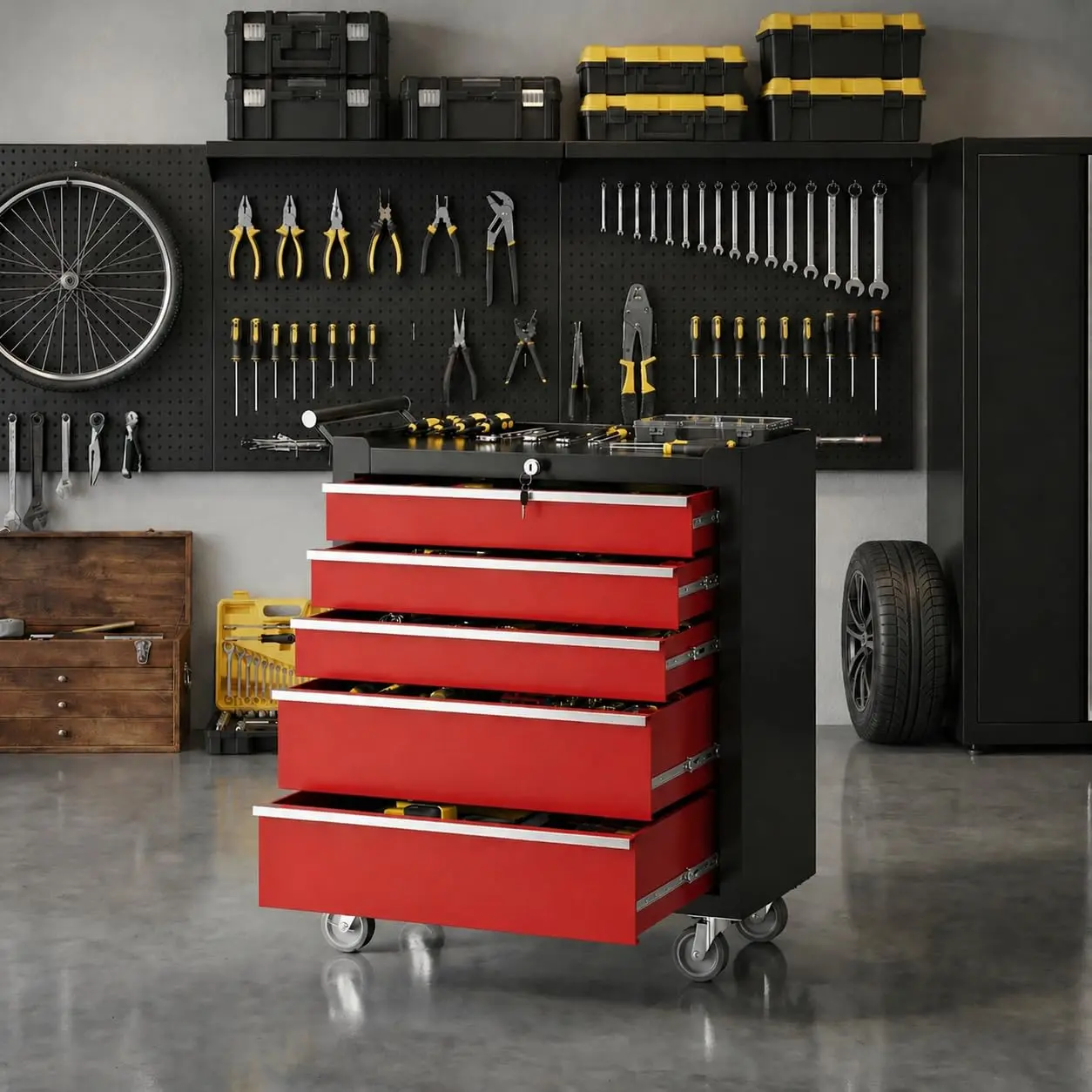 Heavy Duty Rolling Tool Box with Locking Drawers and Parking Brake – Multifunctional Storage Cabinet on Wheels, Mobile Garage Tool Cart for Workshop, Warehouse, and Repair Shop – Durable Steel Construction