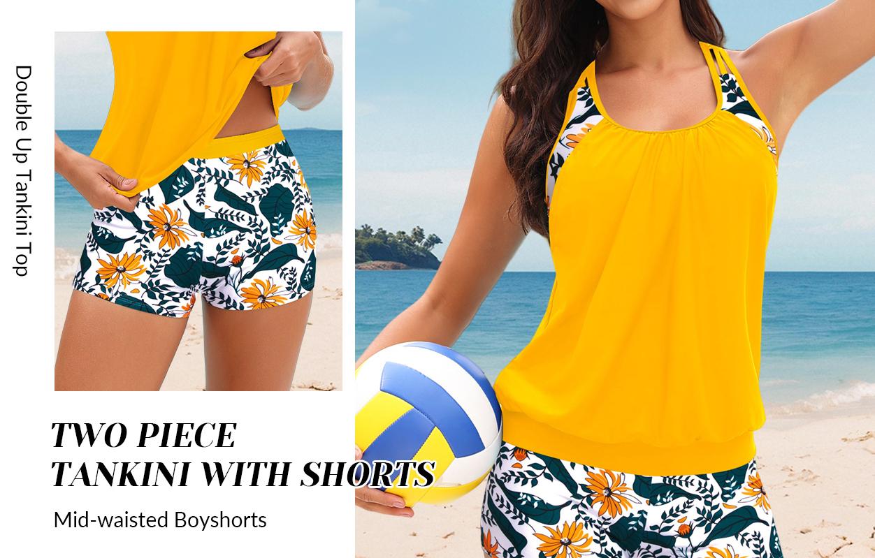 Yonique Two Piece Tankini Bathing Suits T-Back Blouson Swim Tops with Boy Shorts Women Swimsuits Sporty Swimwear