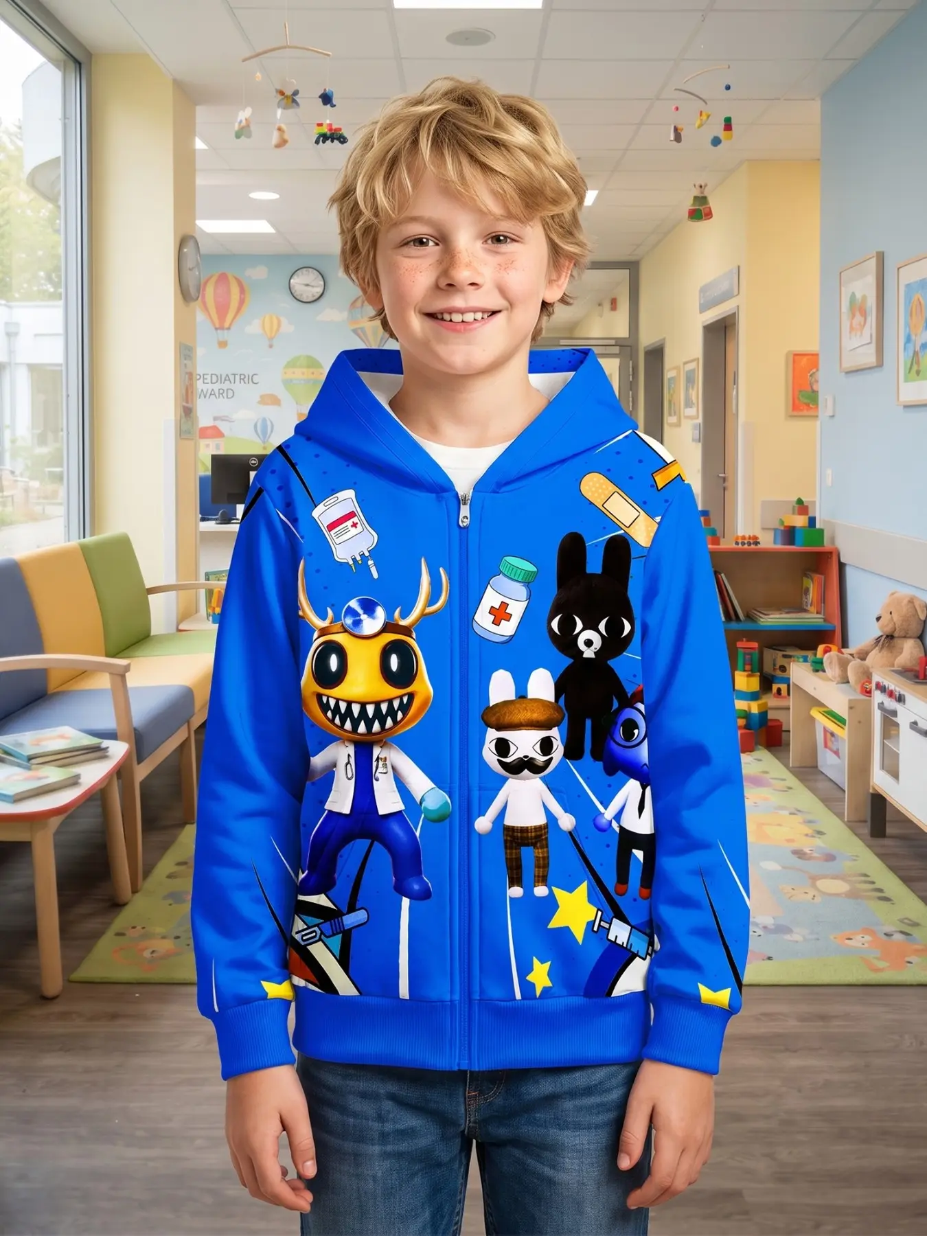 Animal Hospital Cute Animal Print Hooded Zipper Long Sleeve Jacket, Comfortable Soft All Seasons, Must-Have for Movie Fans