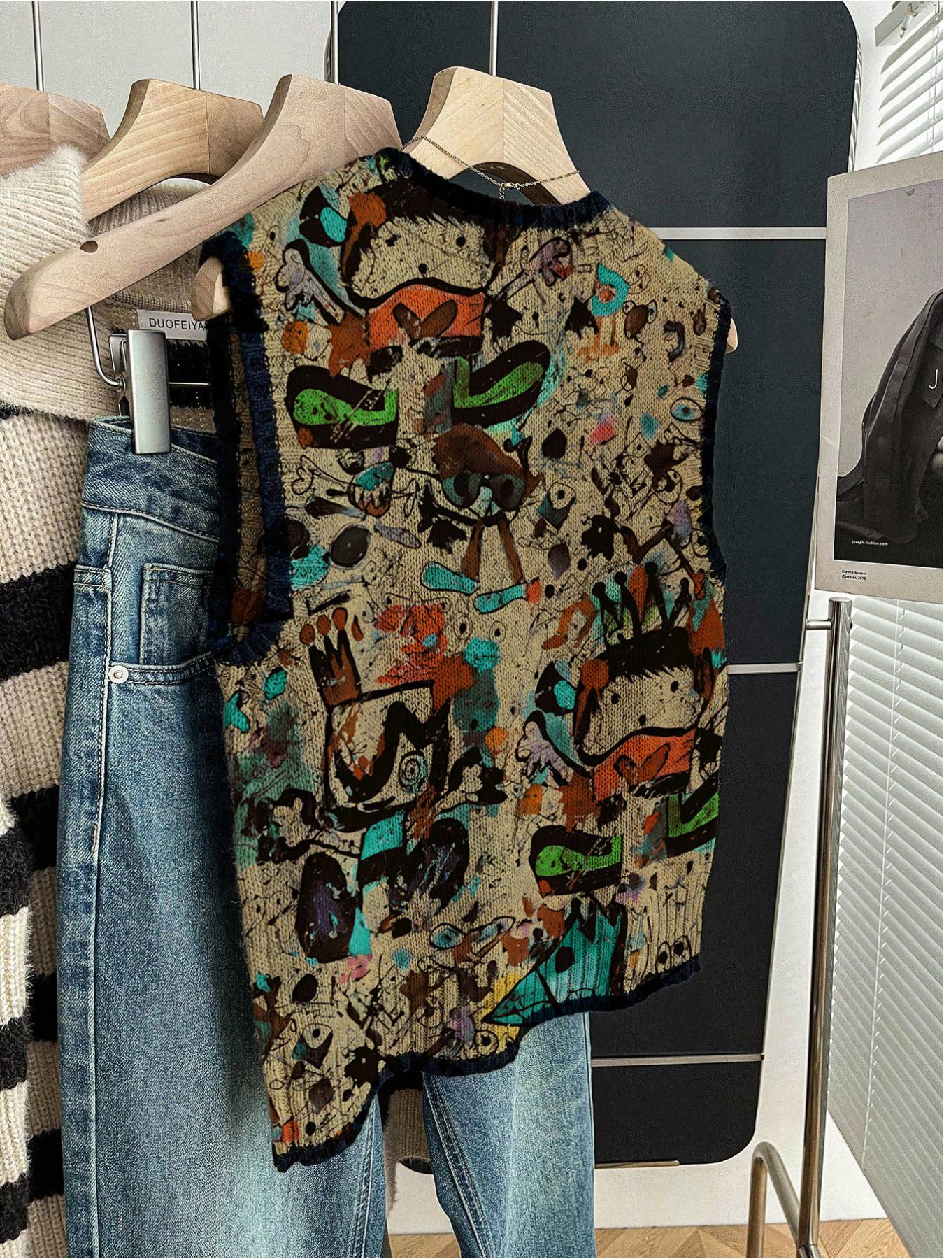 1 Piece Women's Loose Crew Neck Sleeveless Knit Top, Spring Summer Back to School & Casual Style, Dark Blue Trim, Contrast Cartoon Print, For Daily & Outdoor Wear, Vest-matching, Sleeveless Graphic Vest