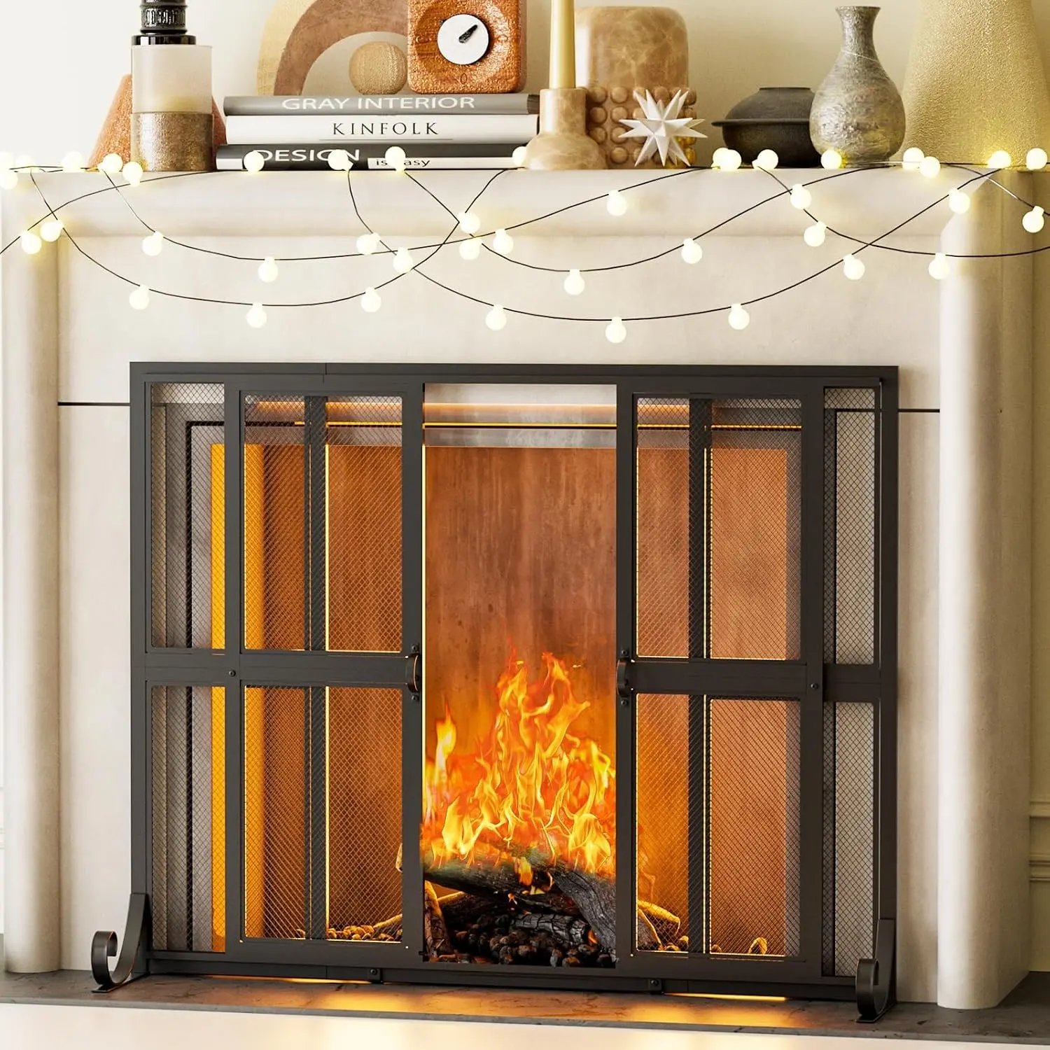 Fireplace Screen with Sliding Doors, Wrought Iron Panel Spark Guard Cover | 37.8" W x 30.7" H Fireplace Cover, Fire Spark Guard FirePlace Gate Protector for Living Room, Children and Pet Safety (Large)