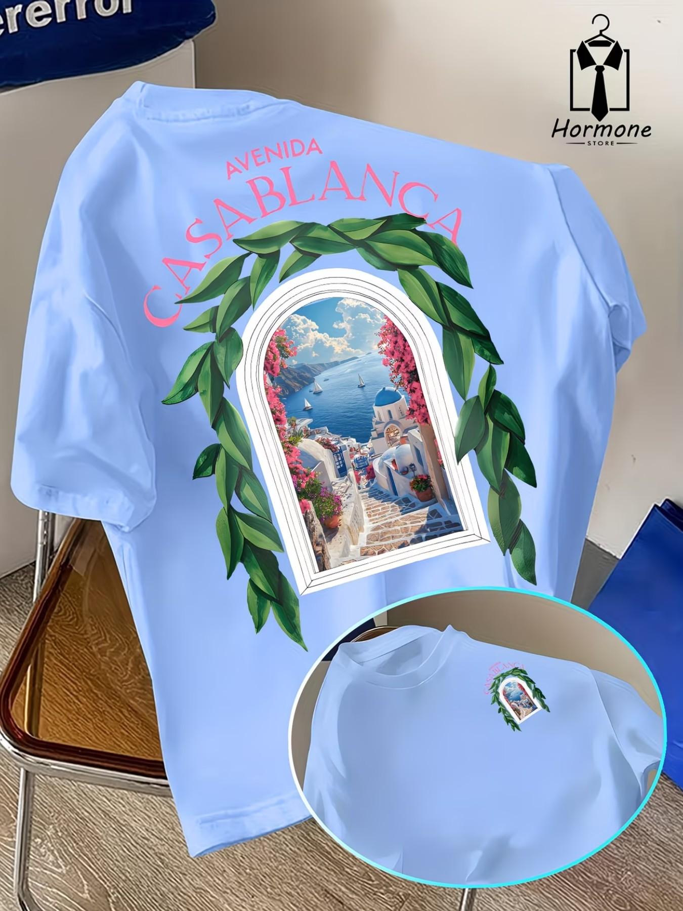 Men's Short Sleeve T-Shirt, Loose Fit Casual Round Neck Summer Top, Avenida Casablanca Pattern, Breathable Polyester