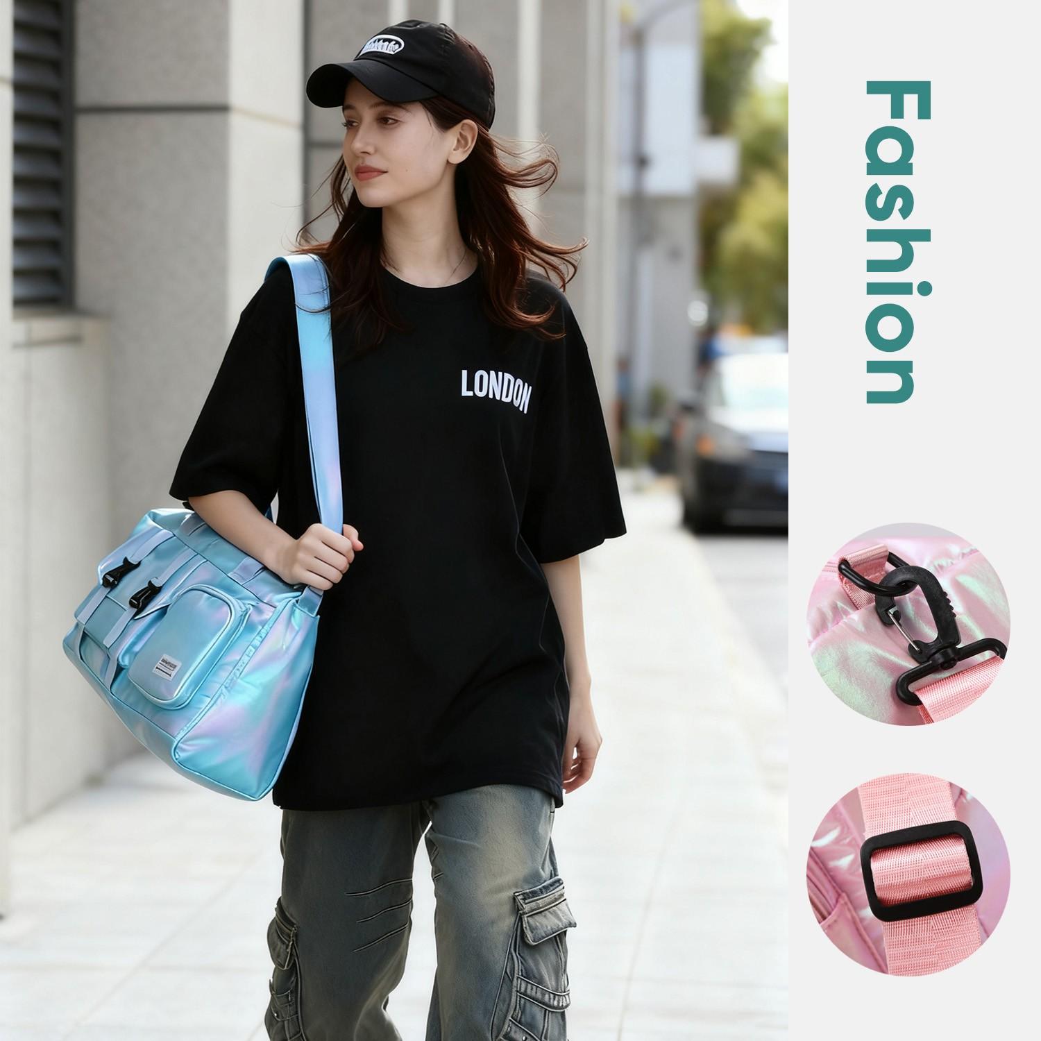 Cute and stylish travel organizer bag/luggage bag - fashionable color-changing waterproof fabric, with handles, shoulder strap, or crossbody wear, suitable for travel, fitness, and yoga - multi-functional carry-on luggage with adjustable shoulder strap