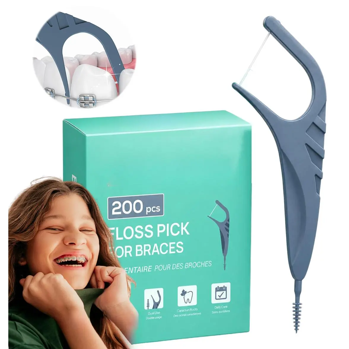 200 Count Braces Floss Picks, Dual-End Orthodontic Flossers with Slim Threader Tip & Bracket Cleaning Brush, Gentle Gum-Safe Dental Floss Sticks, Portable Daily Oral Care Tools for Orthodontic Users