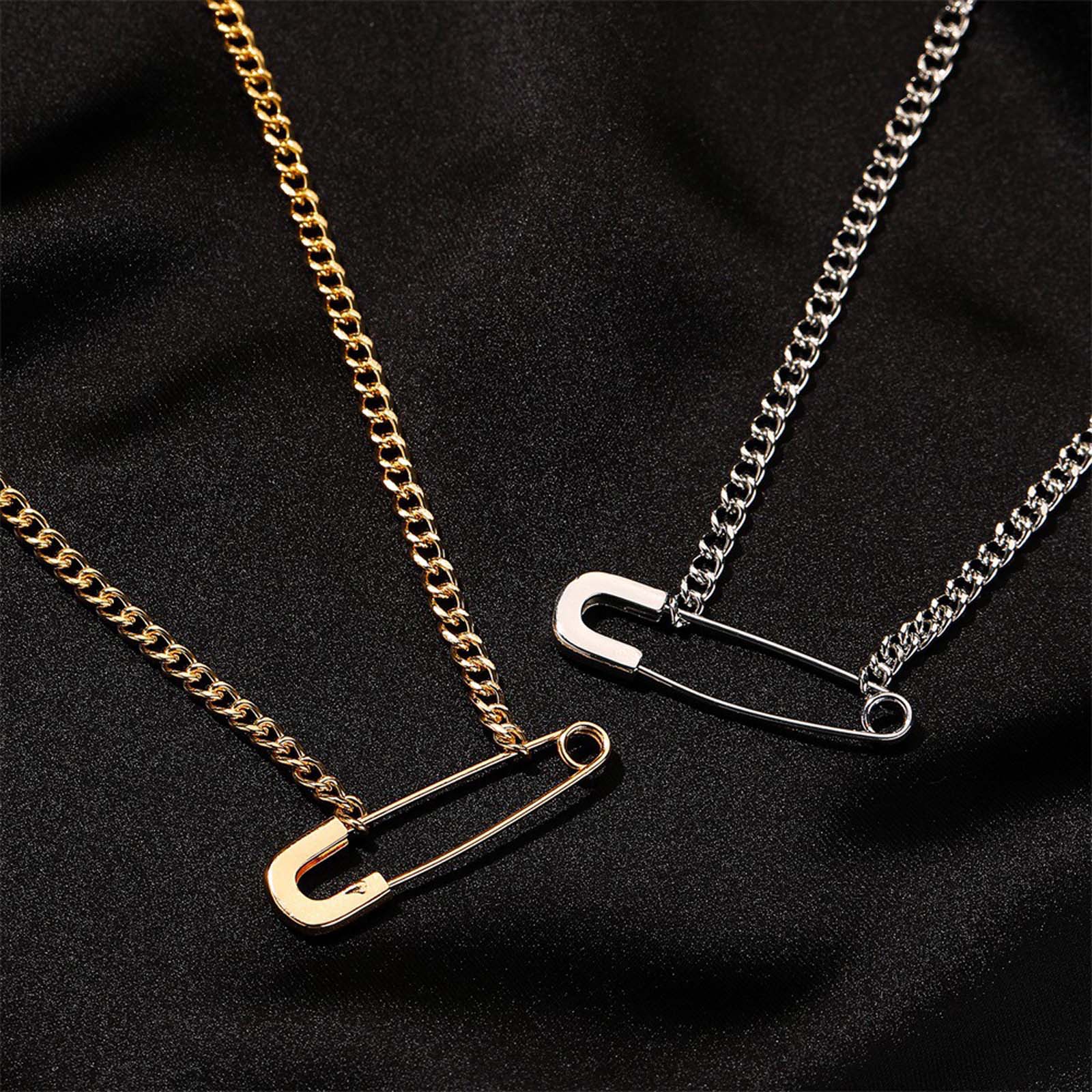 Unisex Paper Clip Shape Artificial Gemstone Alloy Safety Pin Necklace - Modern Edgy Casual Style, 46cm/18.1in Metal Coating Versatile Daily Chain, Women's Adult Jewelry, Couple Birthday Gift