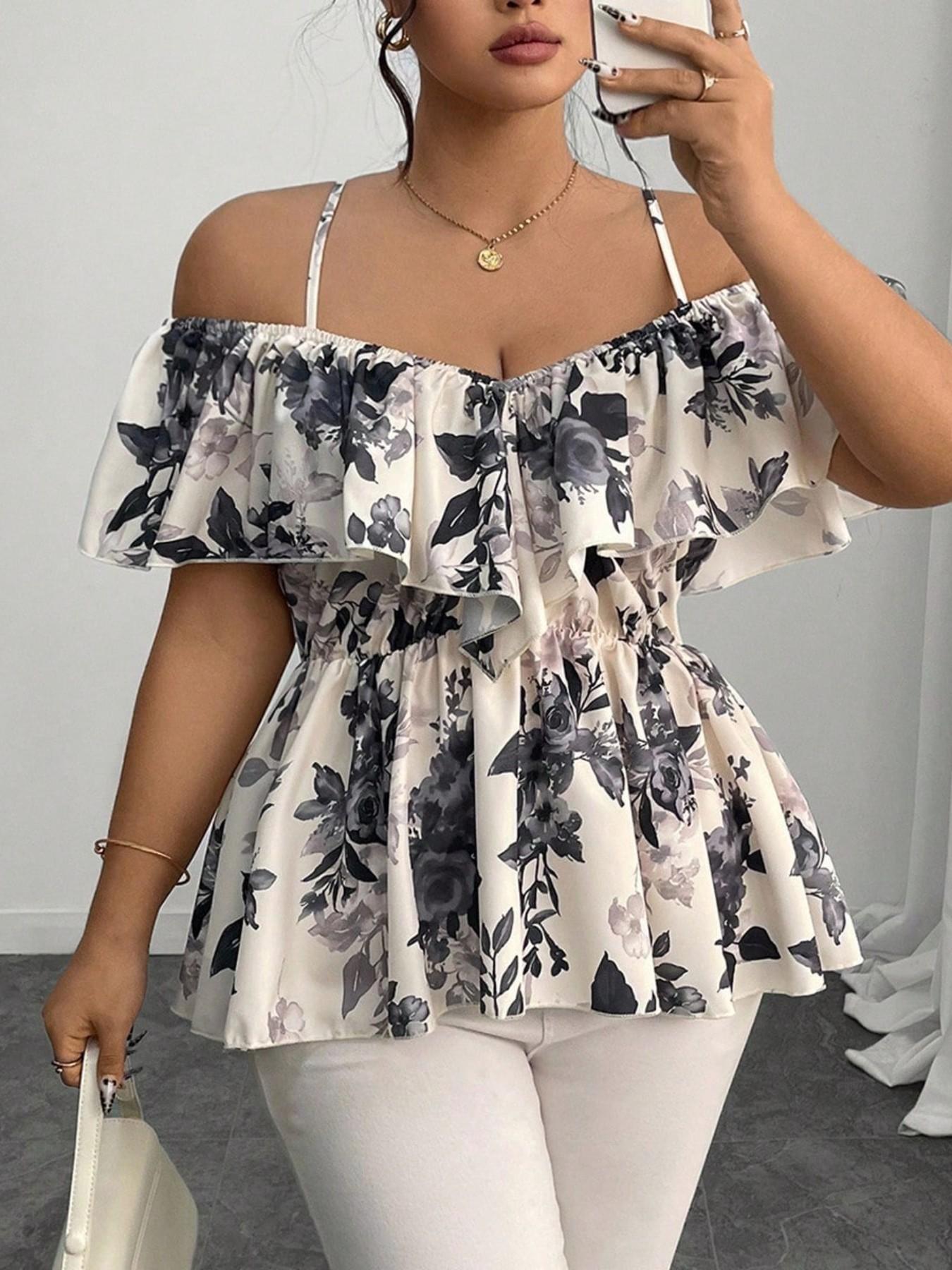 Elegant Chic Casual Bohemian Ruffle Halter Top, A-Line Hem Blouse for Spring & Summer, Plus Size Fashion Shirt for Women, Fit