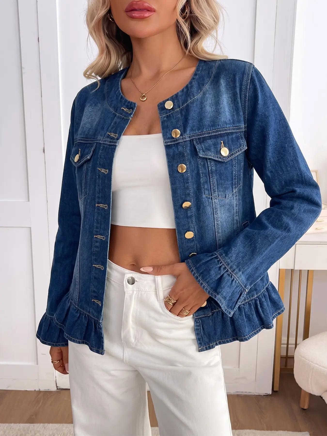 Women's Sleeveless Denim Jacket, Floral Hem, Flared Long Sleeves, Buttons, Casual Style, Spring & Fall, with Pockets