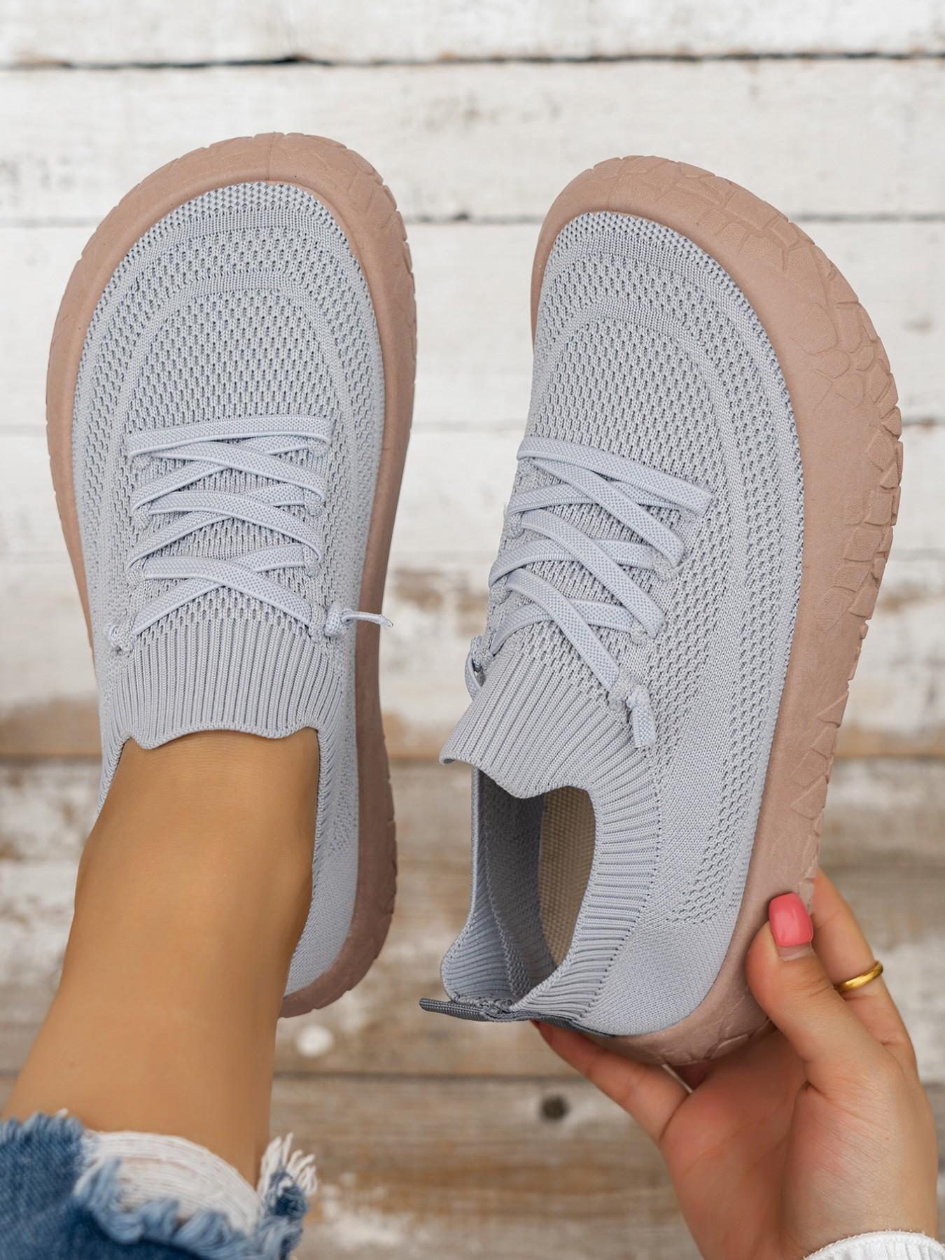 Women's Sock Laces Sports Walking Athletic Shoes, Breathable Knit Mesh, Soft Thick Anti-Slip Casual Sole, Wide Fit, All Seasons, Nonslip Walking Shoes